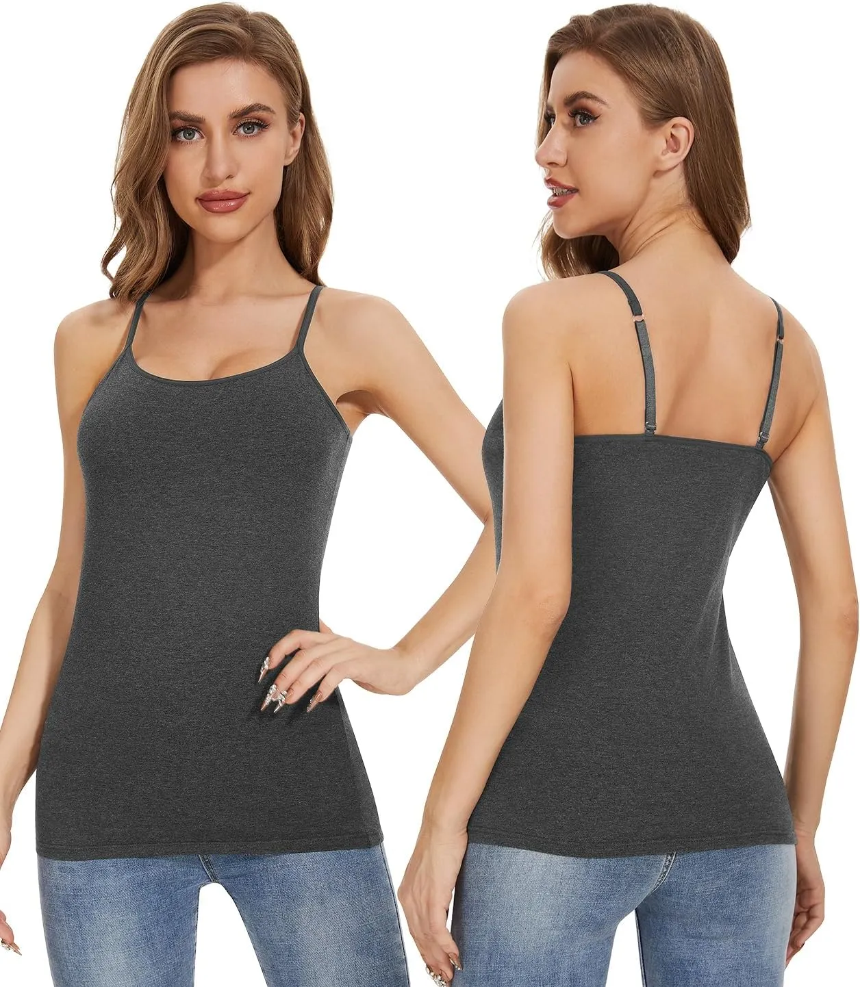 Air Curvey 2/3 Pack Cotton Women's Camisole with Shelf Bra Adjustable Strap Tank Tops Soft Undershirts Layering Tops