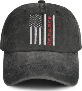 American Flag Blessed Faith Hat, Funny Christian Gifts for Men Women, Adjustable Distressed Vintage Washed Cotton Embroidered Baseball Caps
