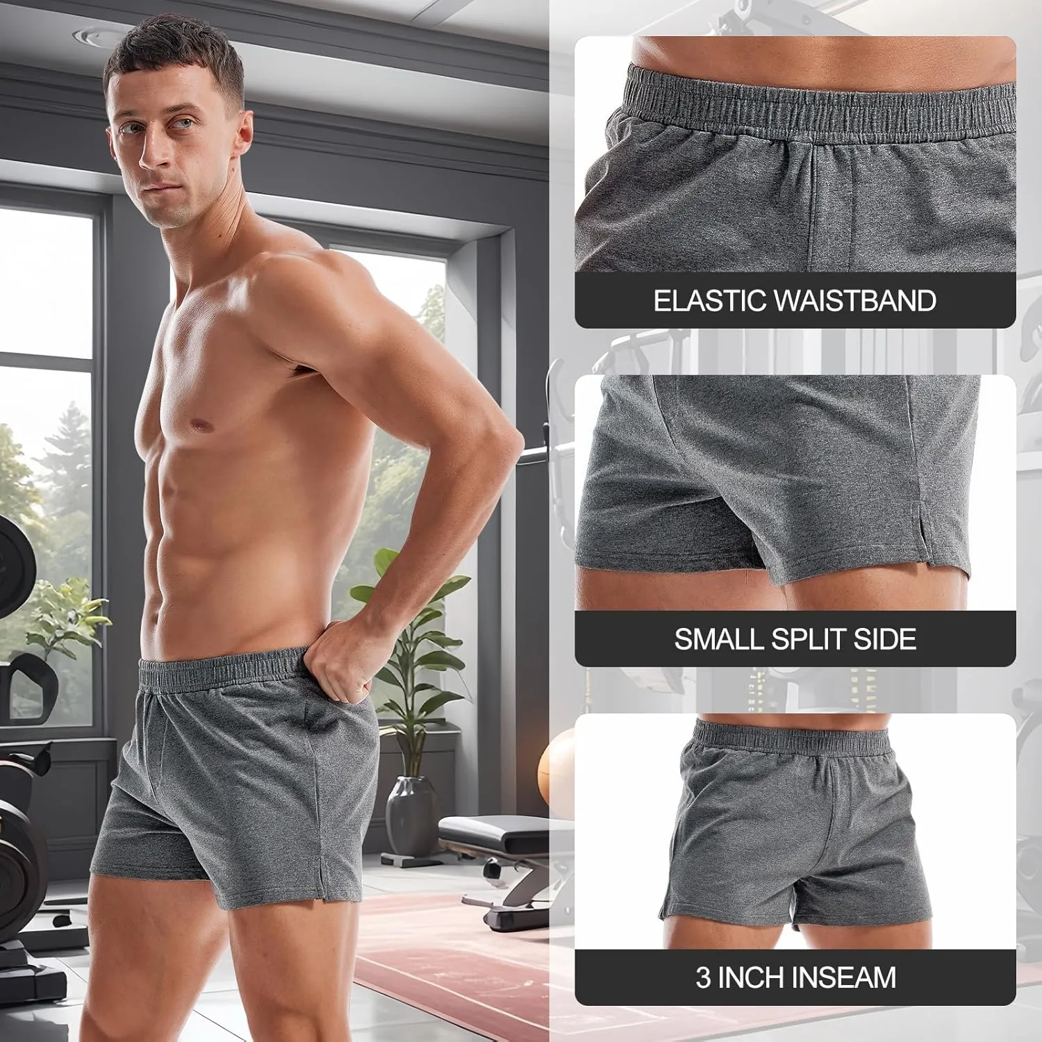 AMY COULEE Mens Gym Shorts 3" Bodybuilding Workout Shorts Lightweight Running Lounge Cotton Sleep Bottoms