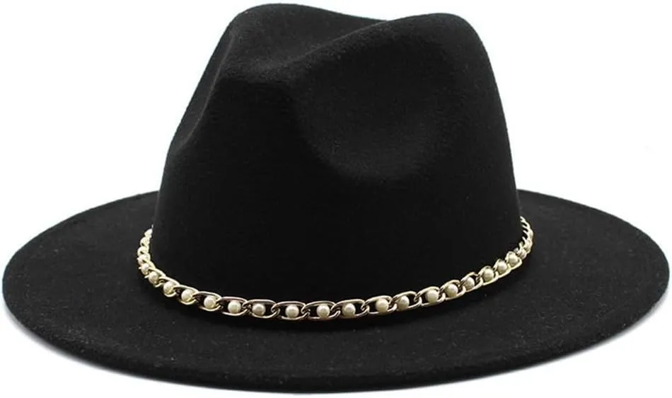 Autumn and Winter Felt Hat Gold Chain Woolen Hat European and American Jazz Felt Hat Men and Women Big Brim Flat Brimmed Hat Fengyan Cowboy Hats (Color : C8, Size : 56-58cm)