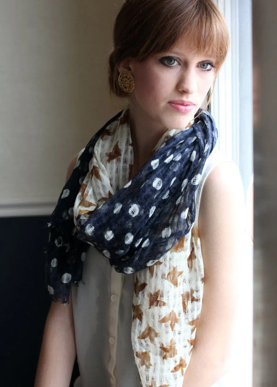 Birds and Dots Print Soft Gauze Wool Scarf