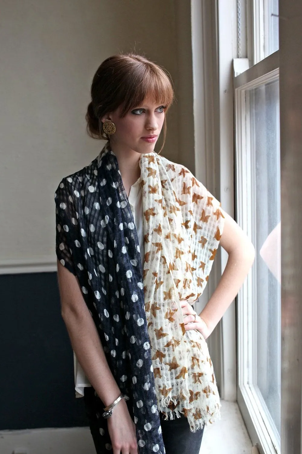Birds and Dots Print Soft Gauze Wool Scarf