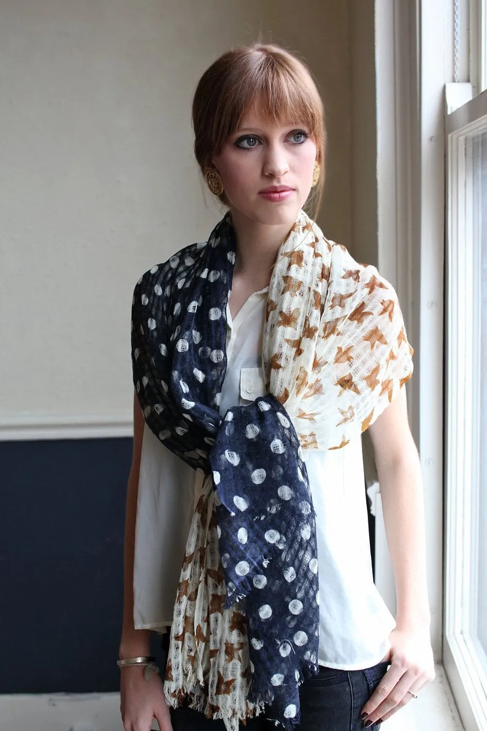 Birds and Dots Print Soft Gauze Wool Scarf