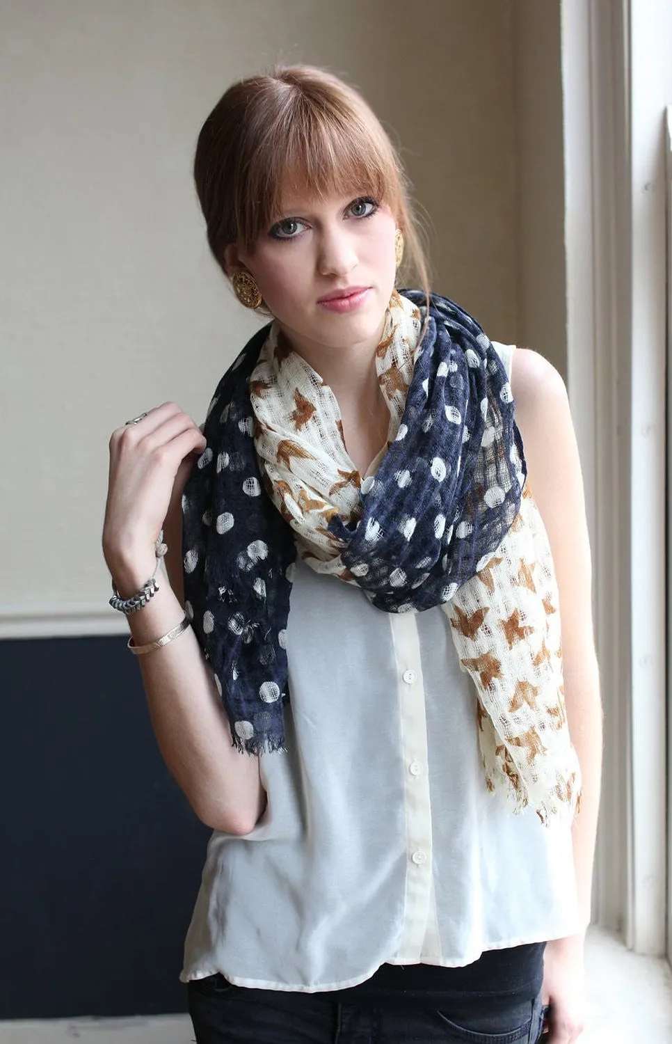 Birds and Dots Print Soft Gauze Wool Scarf