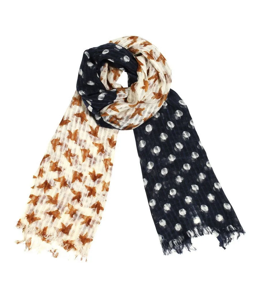 Birds and Dots Print Soft Gauze Wool Scarf
