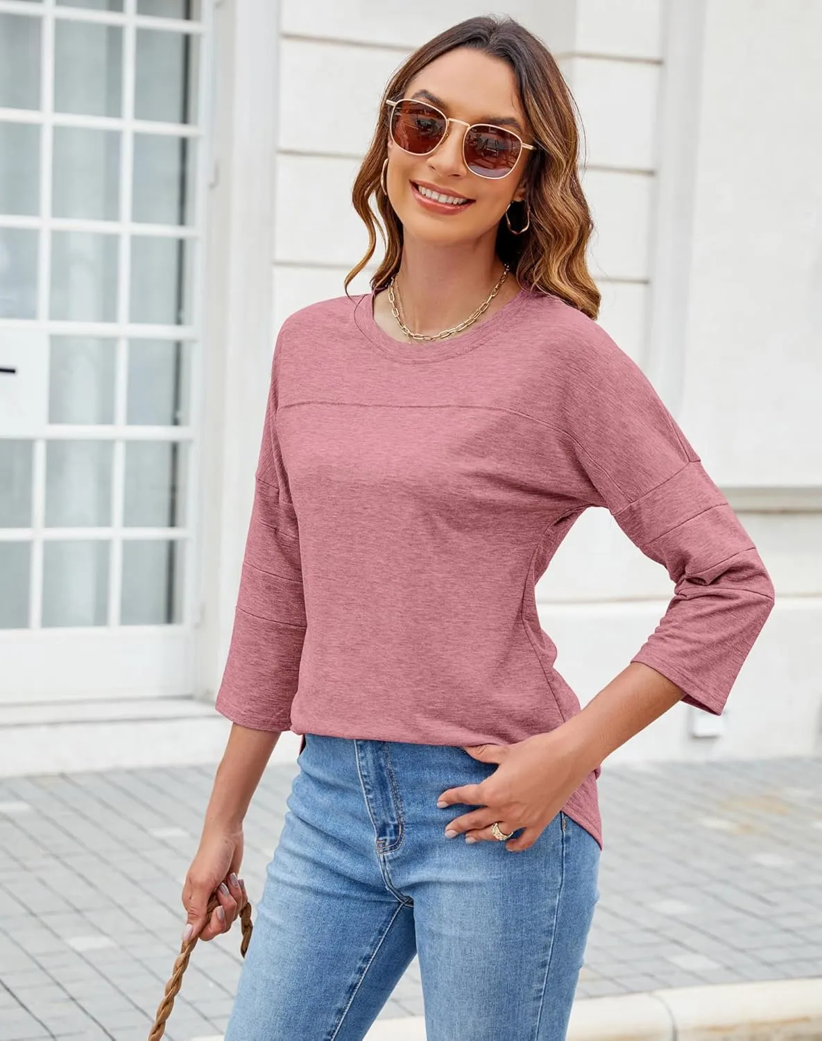 Bluetime Women Round Neck 3/4 Sleeve Tops Casual Loose Tunic Tops Solid Color Summer Fall Basic Shirt Blouses