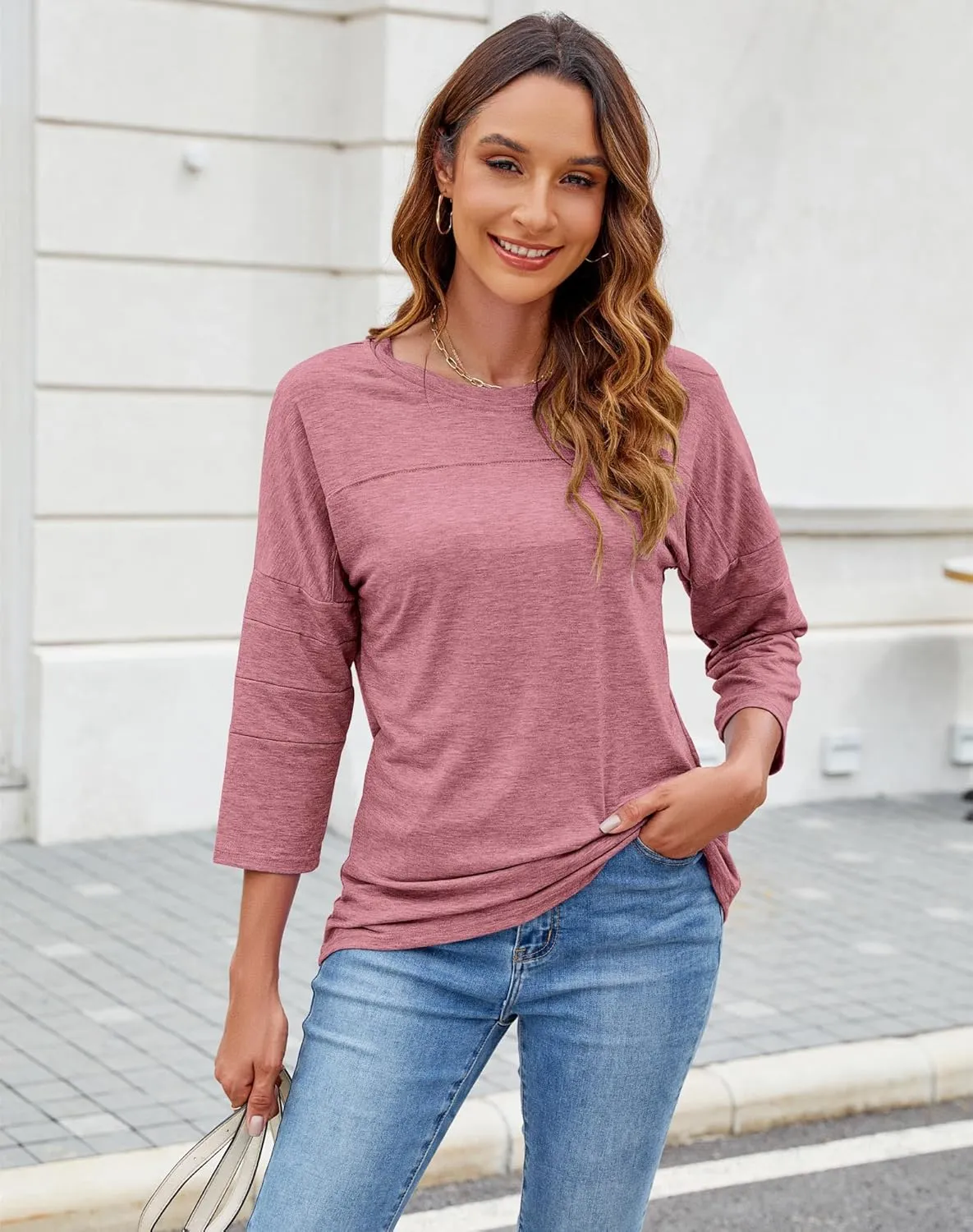 Bluetime Women Round Neck 3/4 Sleeve Tops Casual Loose Tunic Tops Solid Color Summer Fall Basic Shirt Blouses