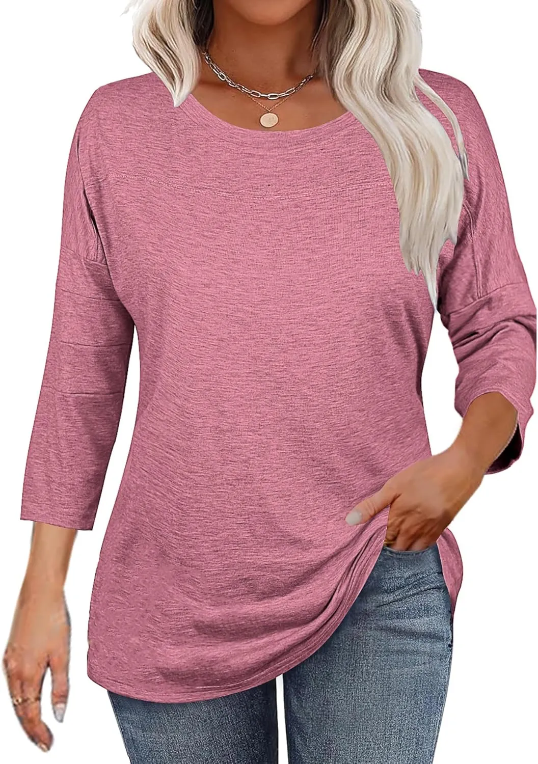 Bluetime Women Round Neck 3/4 Sleeve Tops Casual Loose Tunic Tops Solid Color Summer Fall Basic Shirt Blouses
