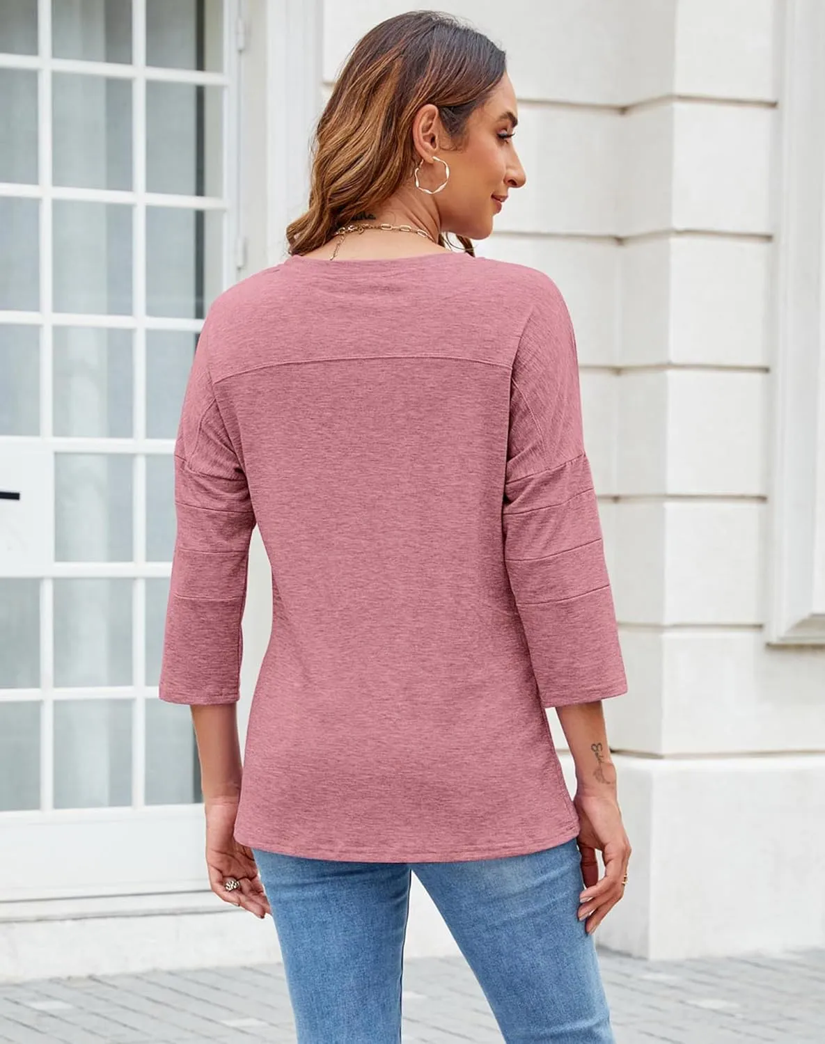 Bluetime Women Round Neck 3/4 Sleeve Tops Casual Loose Tunic Tops Solid Color Summer Fall Basic Shirt Blouses