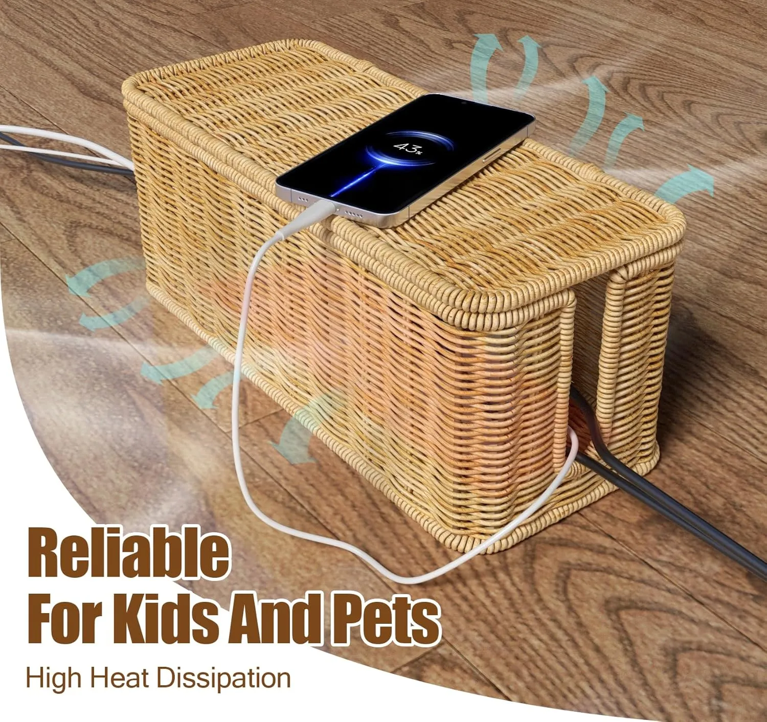 Cable Management Box,Handwoven Imitation Rattan Cord Hider Organizer Box with Lid,2 Open Slots Cable Organizer Box for Tv Computer USB Hub to Hide Power Strips & Cords-12.5" L*5.1" W-Brown