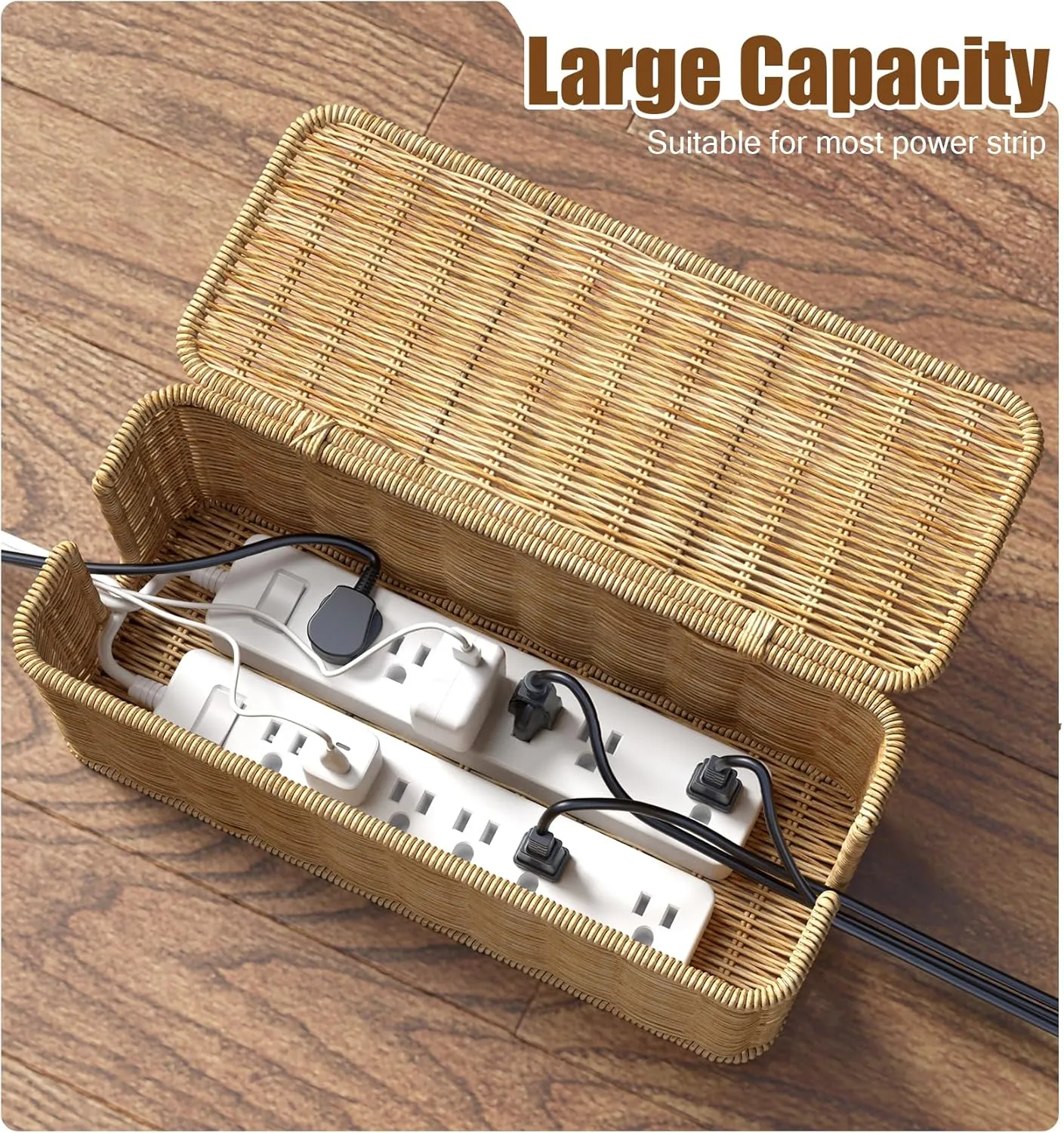 Cable Management Box,Handwoven Imitation Rattan Cord Hider Organizer Box with Lid,2 Open Slots Cable Organizer Box for Tv Computer USB Hub to Hide Power Strips & Cords-12.5" L*5.1" W-Brown