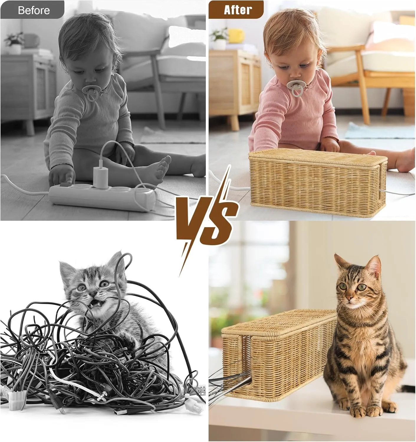 Cable Management Box,Handwoven Imitation Rattan Cord Hider Organizer Box with Lid,2 Open Slots Cable Organizer Box for Tv Computer USB Hub to Hide Power Strips & Cords-12.5" L*5.1" W-Brown
