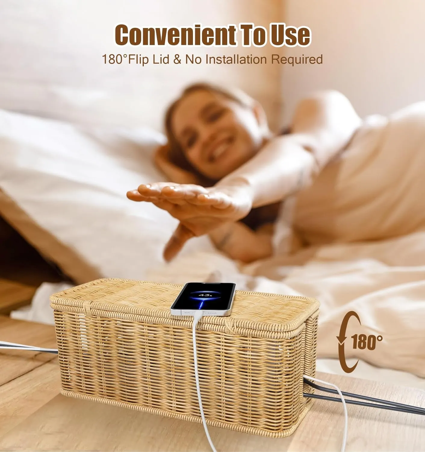 Cable Management Box,Handwoven Imitation Rattan Cord Hider Organizer Box with Lid,2 Open Slots Cable Organizer Box for Tv Computer USB Hub to Hide Power Strips & Cords-12.5" L*5.1" W-Brown