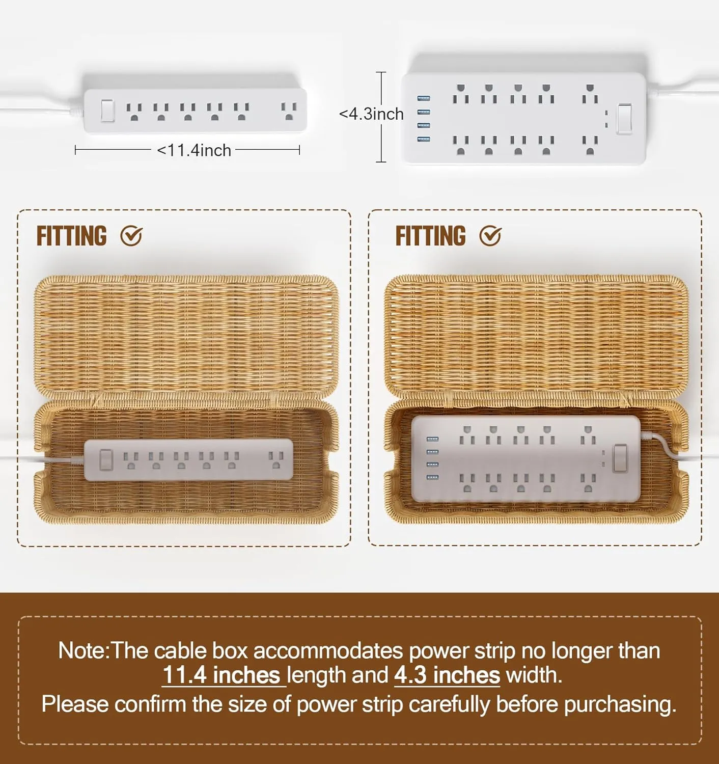 Cable Management Box,Handwoven Imitation Rattan Cord Hider Organizer Box with Lid,2 Open Slots Cable Organizer Box for Tv Computer USB Hub to Hide Power Strips & Cords-12.5" L*5.1" W-Brown
