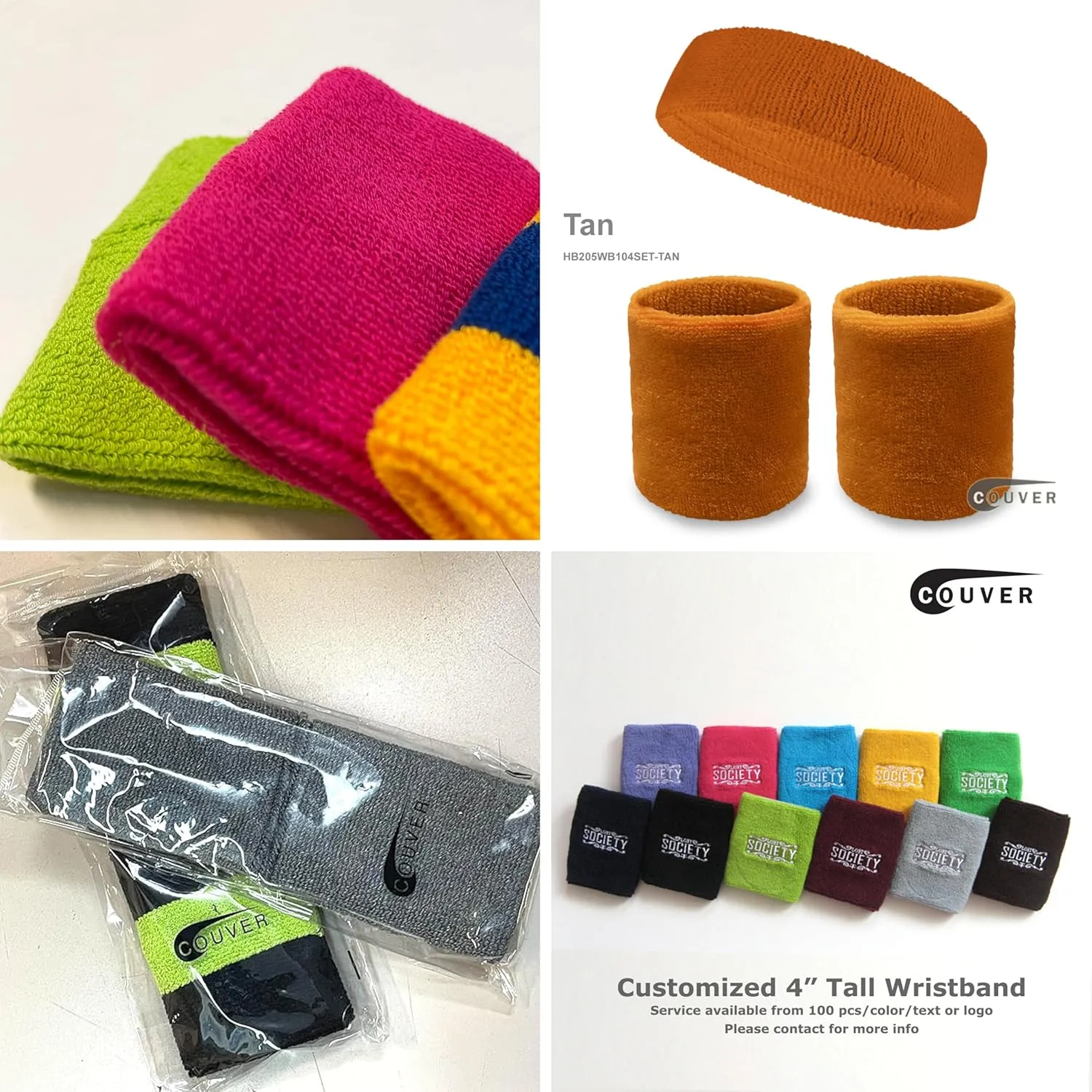 COUVER 4" Tall Wrist Sweatband - Plain Solid Color Soft Cotton Terry Cloth Sport Wristband 1 Pair