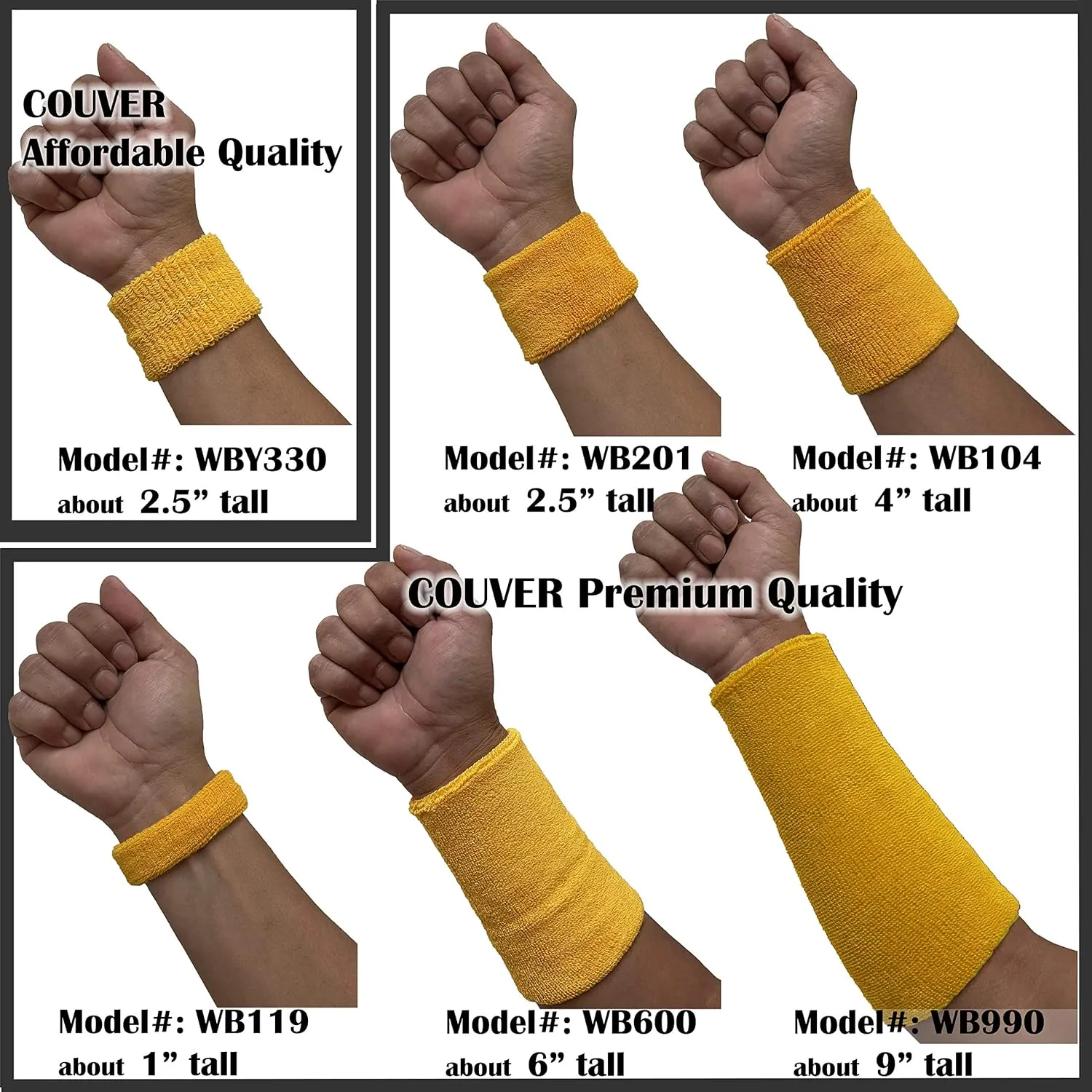 COUVER 4" Tall Wrist Sweatband - Plain Solid Color Soft Cotton Terry Cloth Sport Wristband 1 Pair