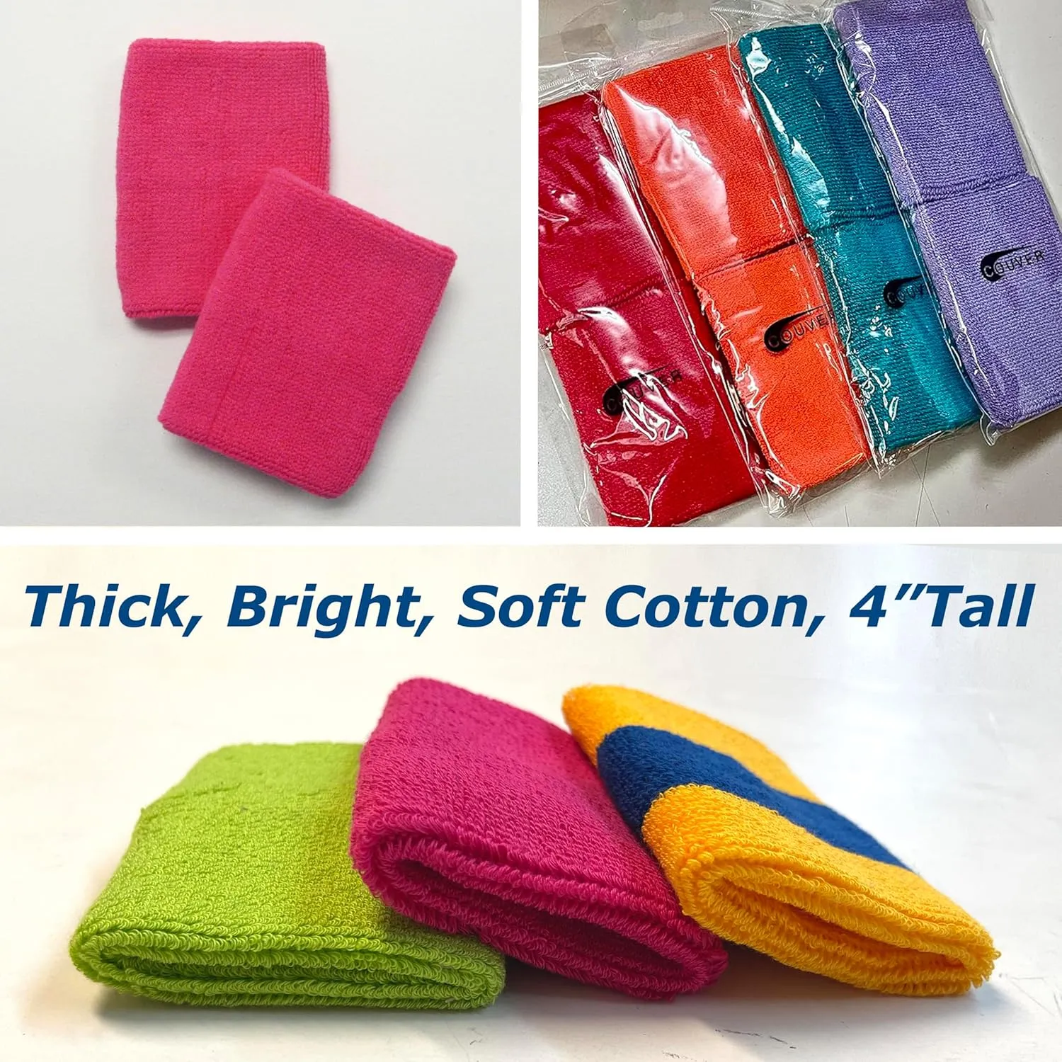 COUVER 4" Tall Wrist Sweatband - Plain Solid Color Soft Cotton Terry Cloth Sport Wristband 1 Pair