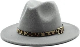 European and American Woolen Hat, Leopard Print Hat for Men and Women, Flat Brim Big Brim Jazz Felt Hat Fengyan Cowboy Hats (Color : Light Grey, Size : 58-60cm)