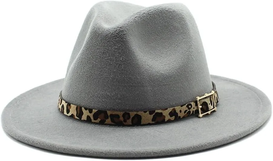 European and American Woolen Hat, Leopard Print Hat for Men and Women, Flat Brim Big Brim Jazz Felt Hat Fengyan Cowboy Hats (Color : Light Grey, Size : 58-60cm)
