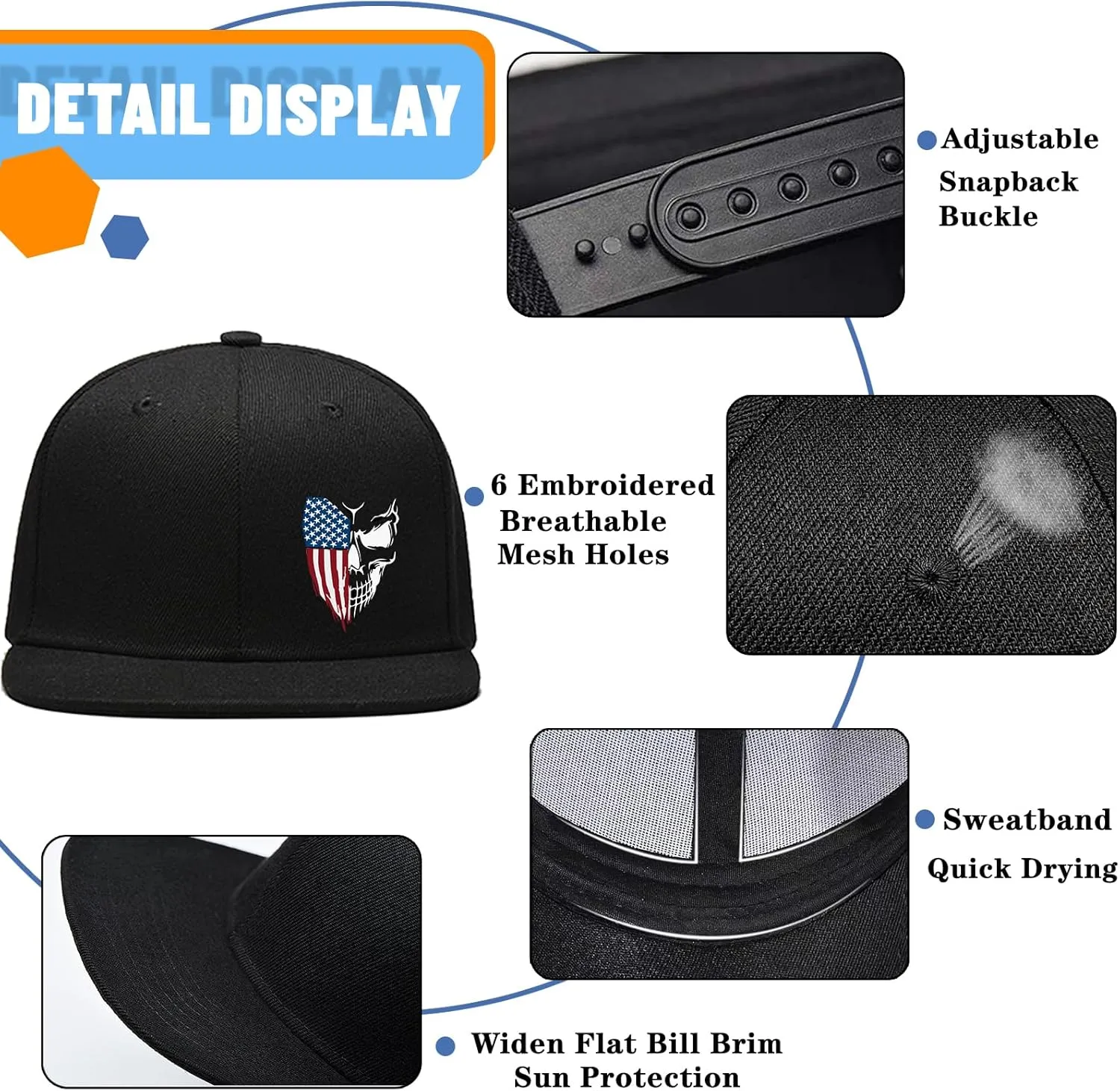 Flat Bill Hats for Men Skull Skeleton Snapback Hats for Men Fitted Adjustable Baseball Caps Black Cool Hip Hop caps