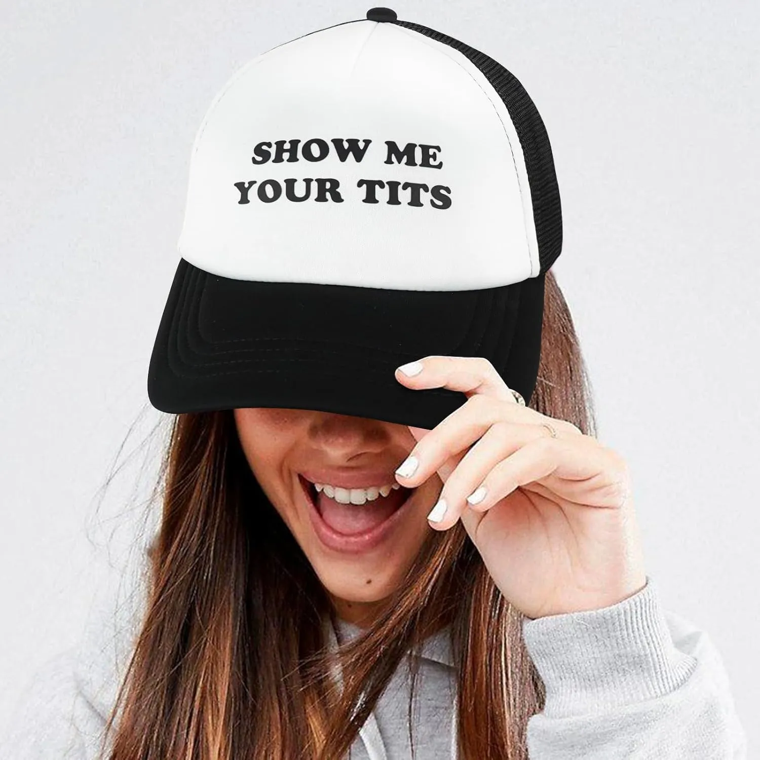 Funny Trucker Hats for Women Men Black&White Inappropriate Hat Adjustable Snapback Mesh Baseball Cap Fun Gag Gifts