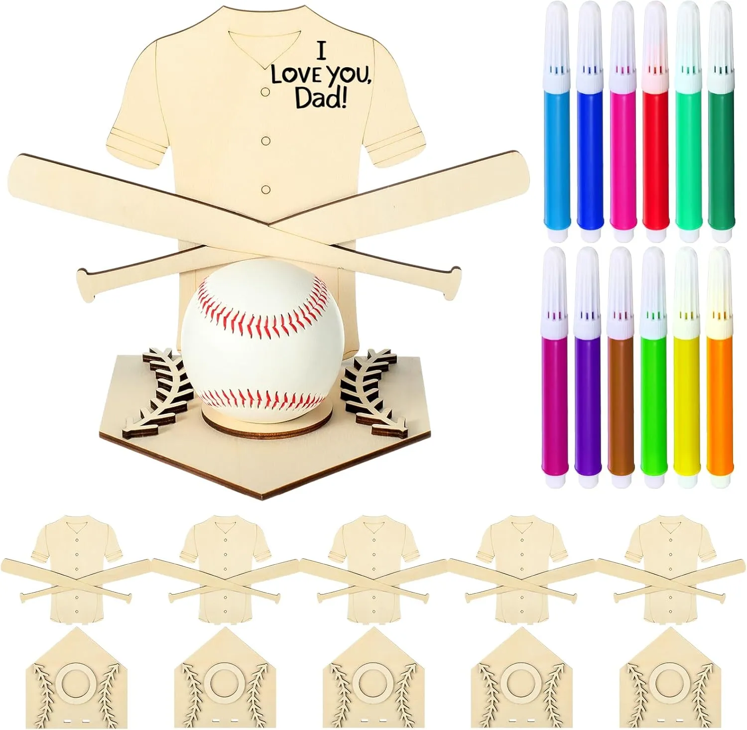Geelin 12 Pcs Father's Day Gifts Baseball Stand Holders Wooden Balls Bat Display Stand with DIY Marker Baseball Party Favors Supplies for Dad Team Gifts Coach Sports Lover