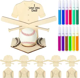 Geelin 12 Pcs Father's Day Gifts Baseball Stand Holders Wooden Balls Bat Display Stand with DIY Marker Baseball Party Favors Supplies for Dad Team Gifts Coach Sports Lover