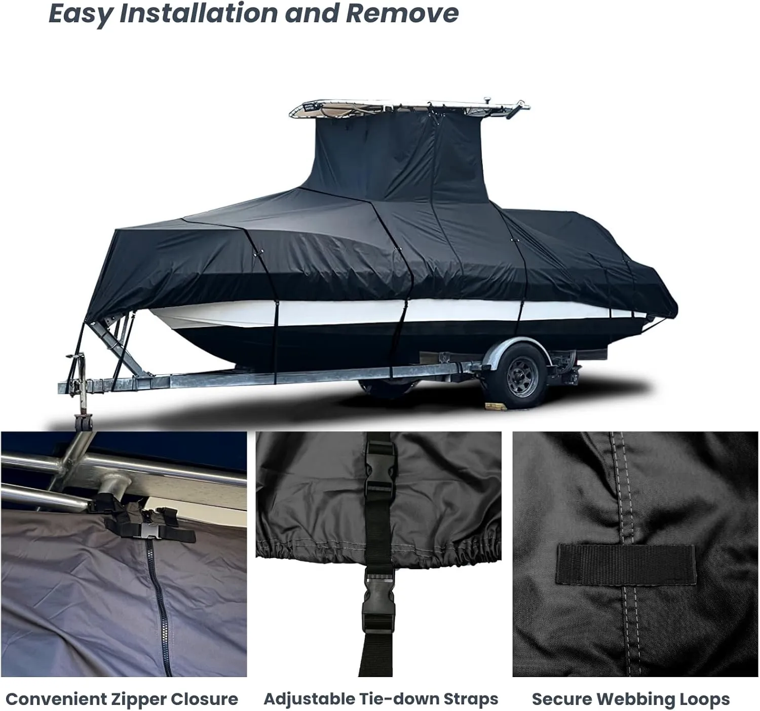 Heavy Duty T-Top Boat Cover, Fits 32ft to 34ft Long Center Console Boat with T-Top Hard-Top, Waterproof Fade Resistant T Top Boat Storage Cover (Black, Size 8: 32'-34' Long, Beam 140" W)