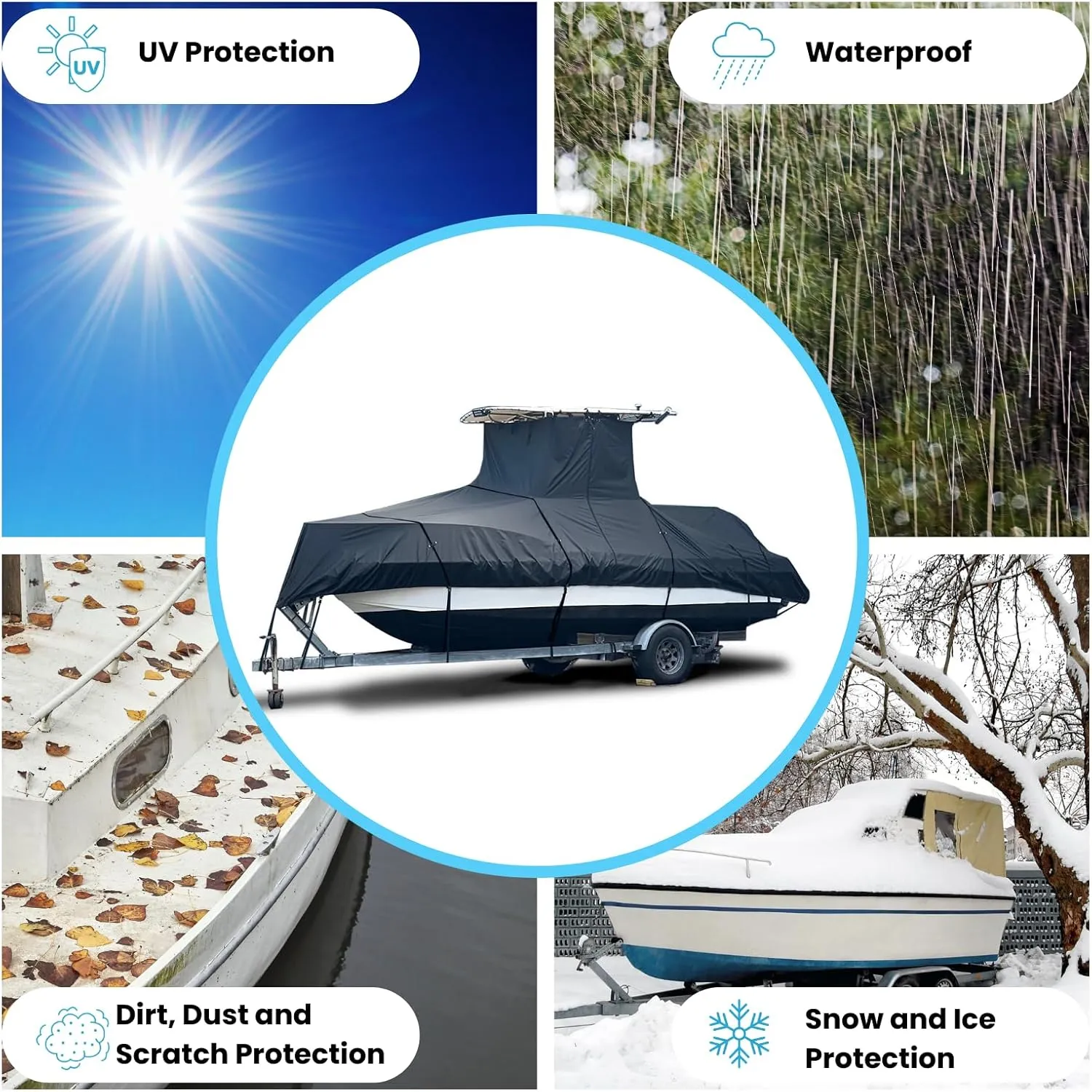 Heavy Duty T-Top Boat Cover, Fits 32ft to 34ft Long Center Console Boat with T-Top Hard-Top, Waterproof Fade Resistant T Top Boat Storage Cover (Black, Size 8: 32'-34' Long, Beam 140" W)