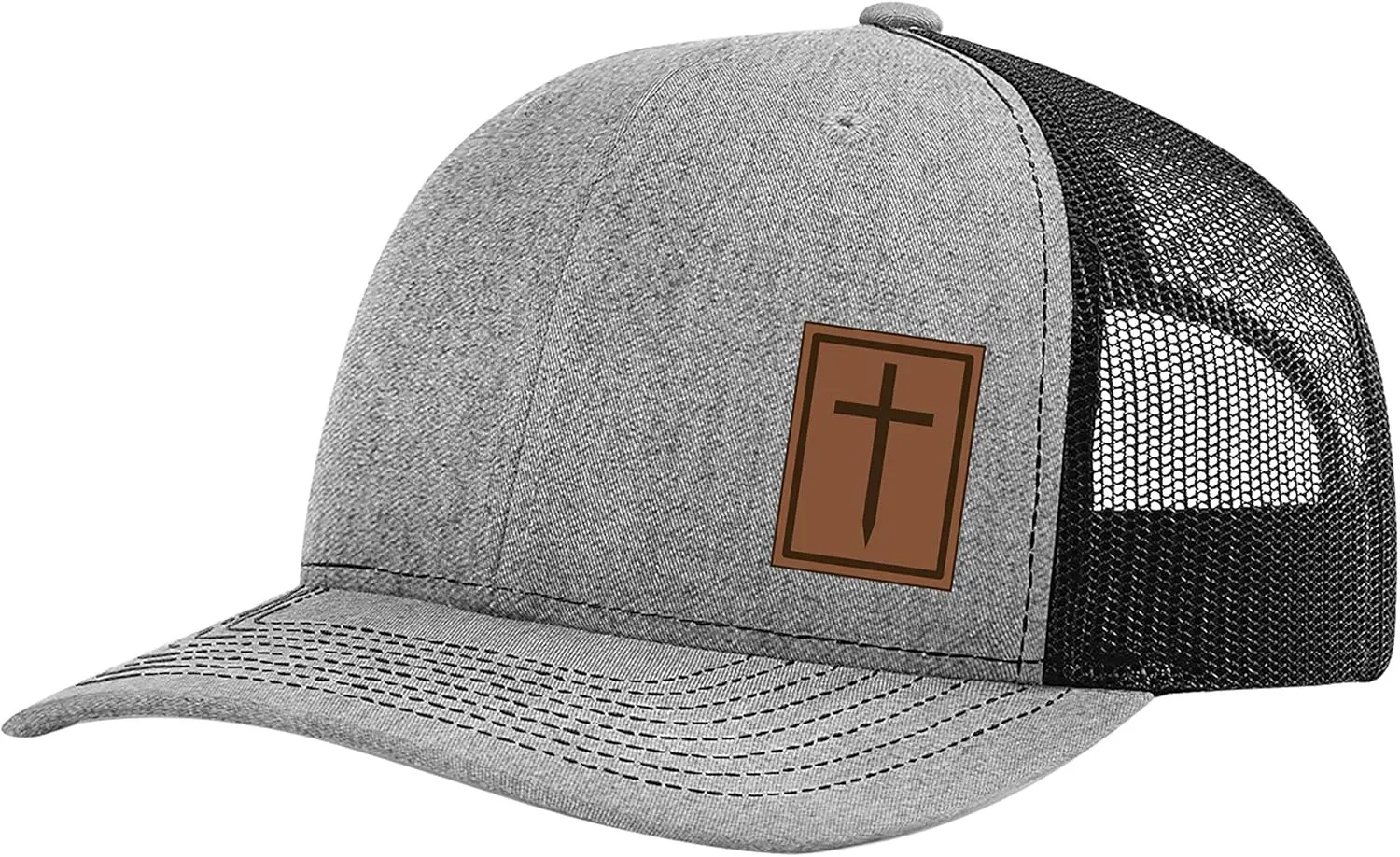Heritage Pride Men's Christian Cross Worship Prayer God Laser Engraved Leather Patch Mesh Back Trucker Hat