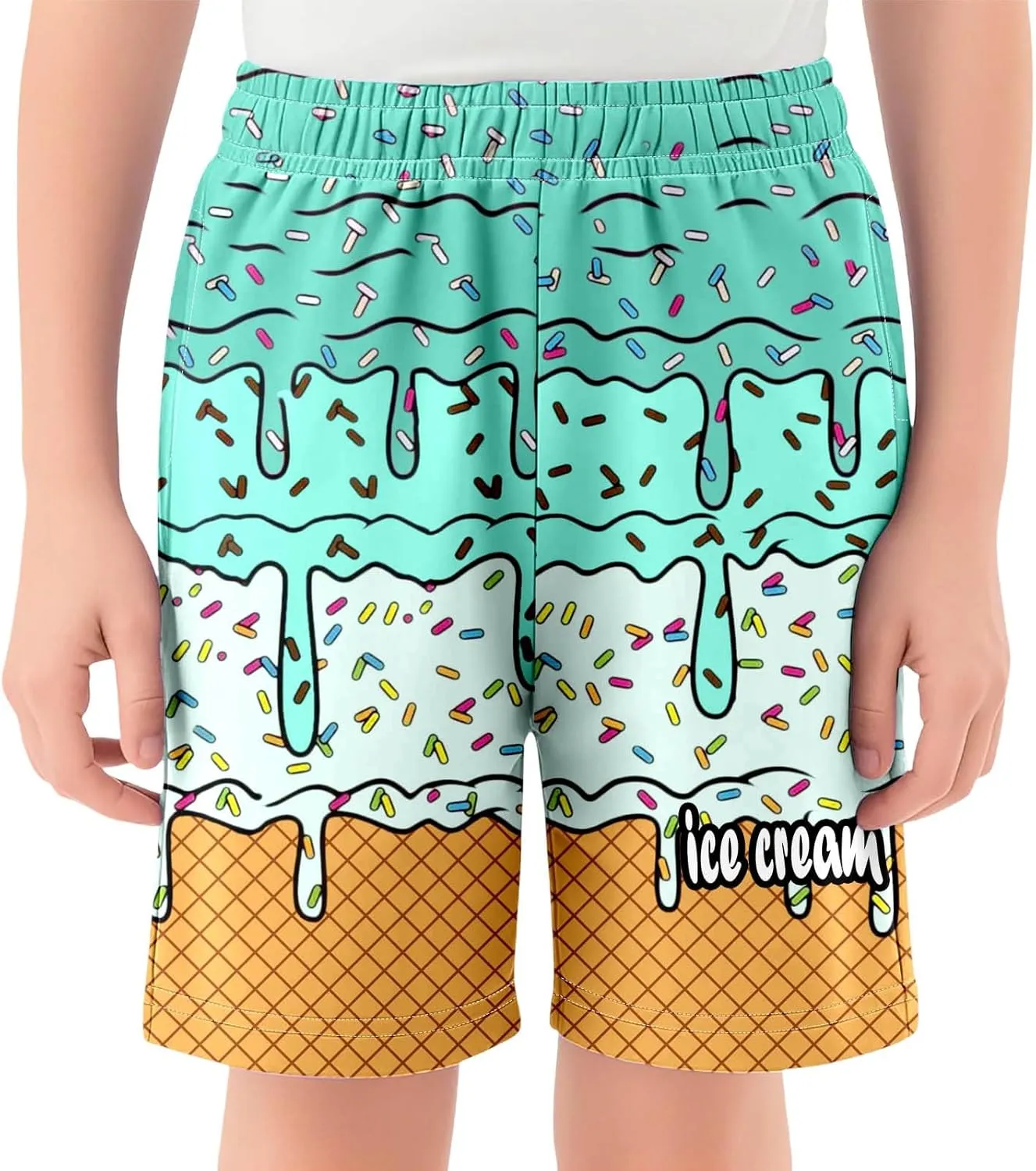 Ice Cream Shorts Boys Swim Trunks Elastic Waist with Pockets Summer Cool Cute Preppy Ice Cream Drip Baseball Shorts