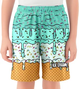Ice Cream Shorts Boys Swim Trunks Elastic Waist with Pockets Summer Cool Cute Preppy Ice Cream Drip Baseball Shorts