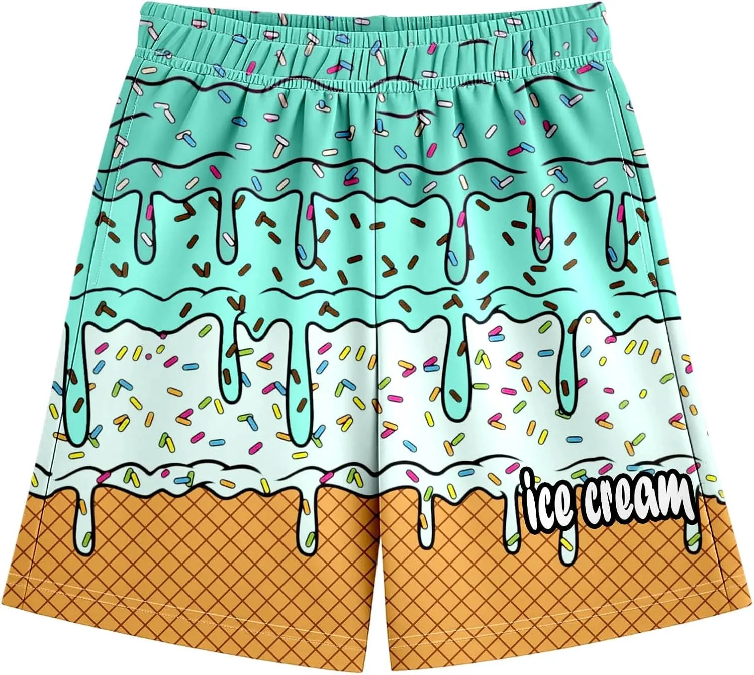 Ice Cream Shorts Boys Swim Trunks Elastic Waist with Pockets Summer Cool Cute Preppy Ice Cream Drip Baseball Shorts