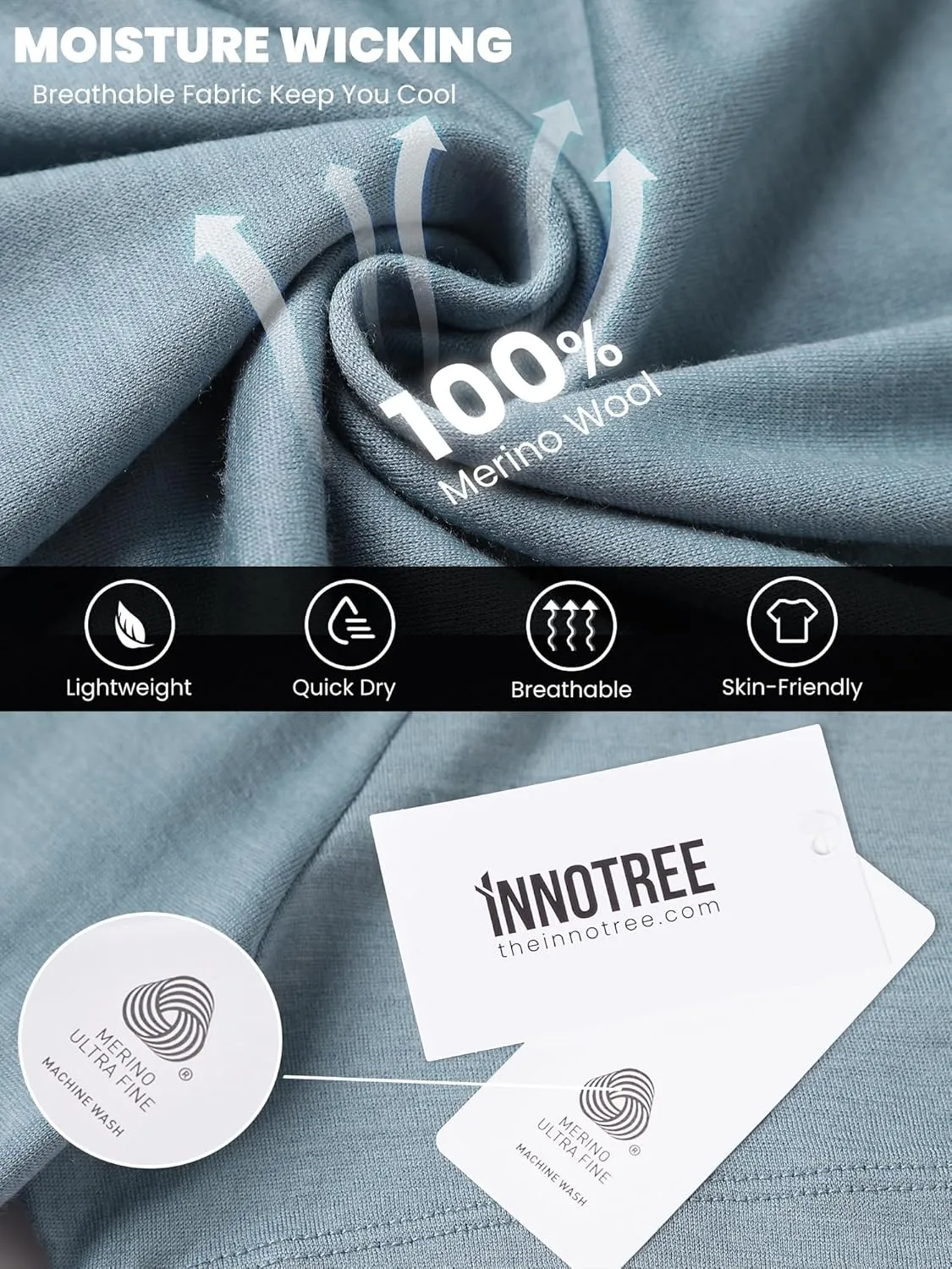 innotree Merino Wool T Shirts for Men - 100% Organic Odor Resistance Merino Wool Undershirt Hiking Travel Base Layer T-Shirt