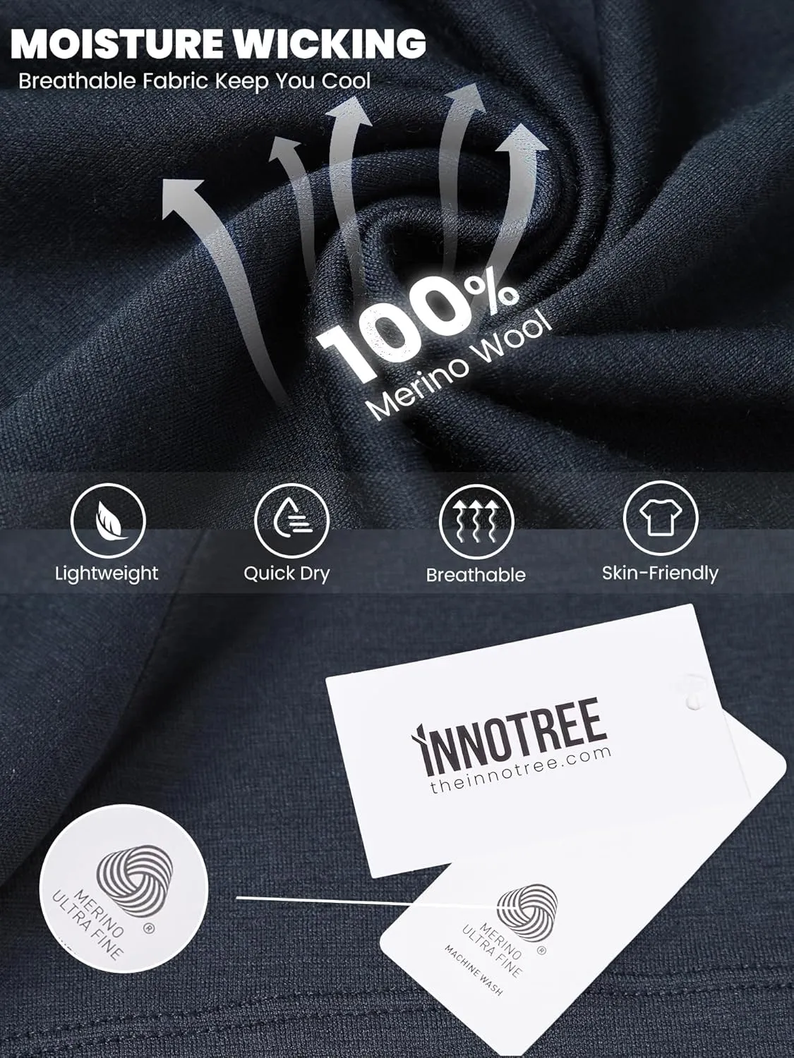 innotree Merino Wool T Shirts for Men - 100% Organic Odor Resistance Merino Wool Undershirt Hiking Travel Base Layer T-Shirt