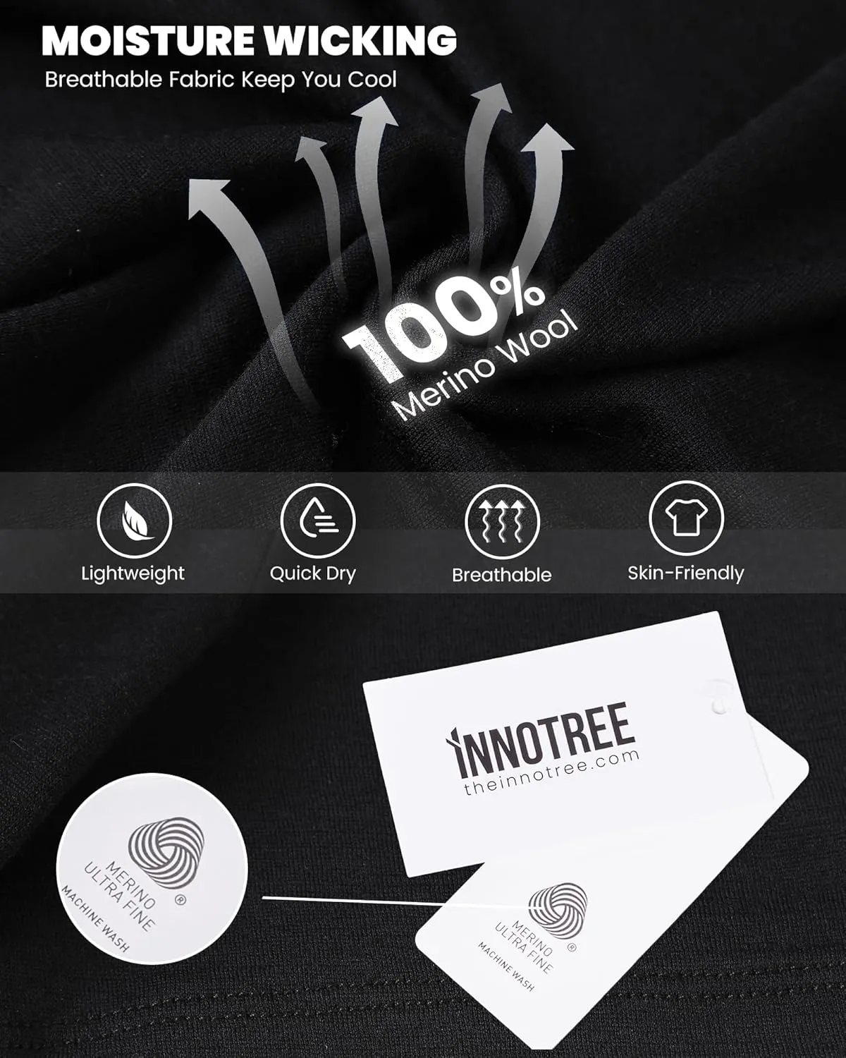 innotree Merino Wool T Shirts for Men - 100% Organic Odor Resistance Merino Wool Undershirt Hiking Travel Base Layer T-Shirt