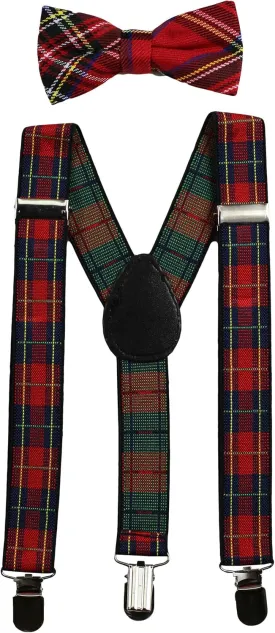 Kids Suspenders and Bow Tie Set (Elastic Adjustable) (Plaid)