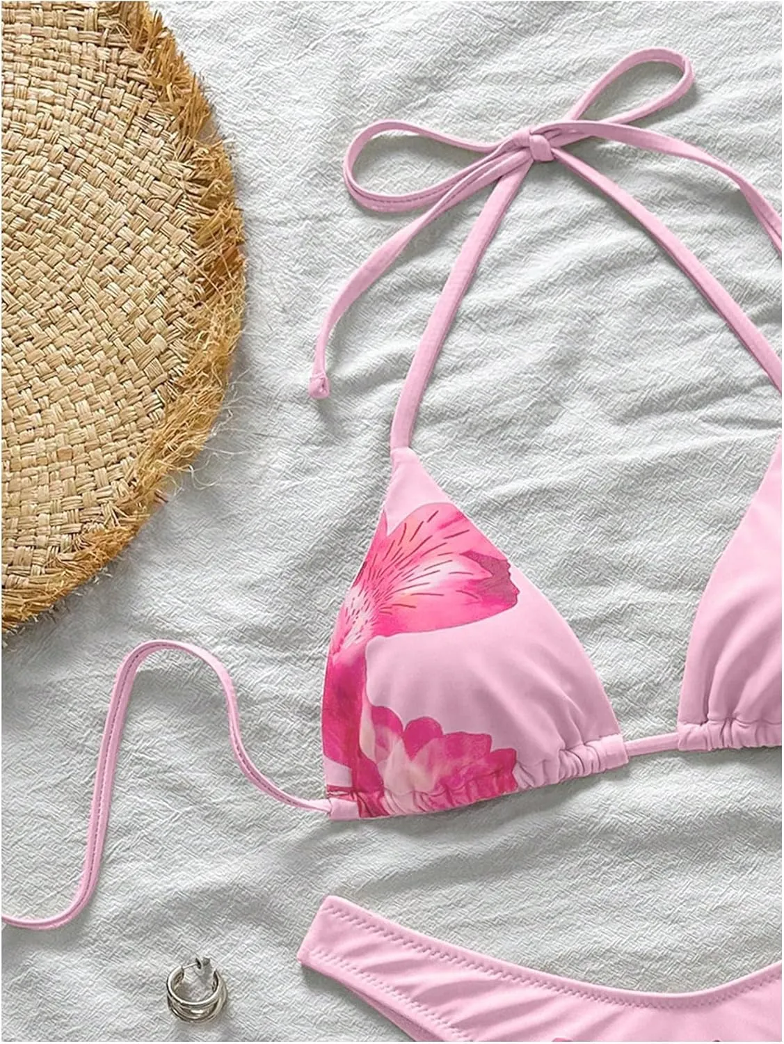MakeMeChic Women's Halter Triangle Thong Bikini Sets High Cut Swimsuit Bathing Suit Swimwear