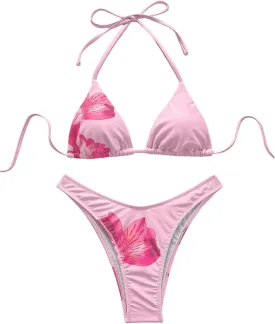 MakeMeChic Women's Halter Triangle Thong Bikini Sets High Cut Swimsuit Bathing Suit Swimwear