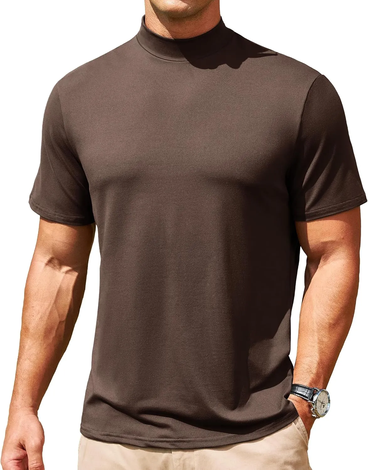 Men's Mock Turtleneck Short Sleeve Soft Lightweight Casual Basic T-Shirts Solid Pullover Tops