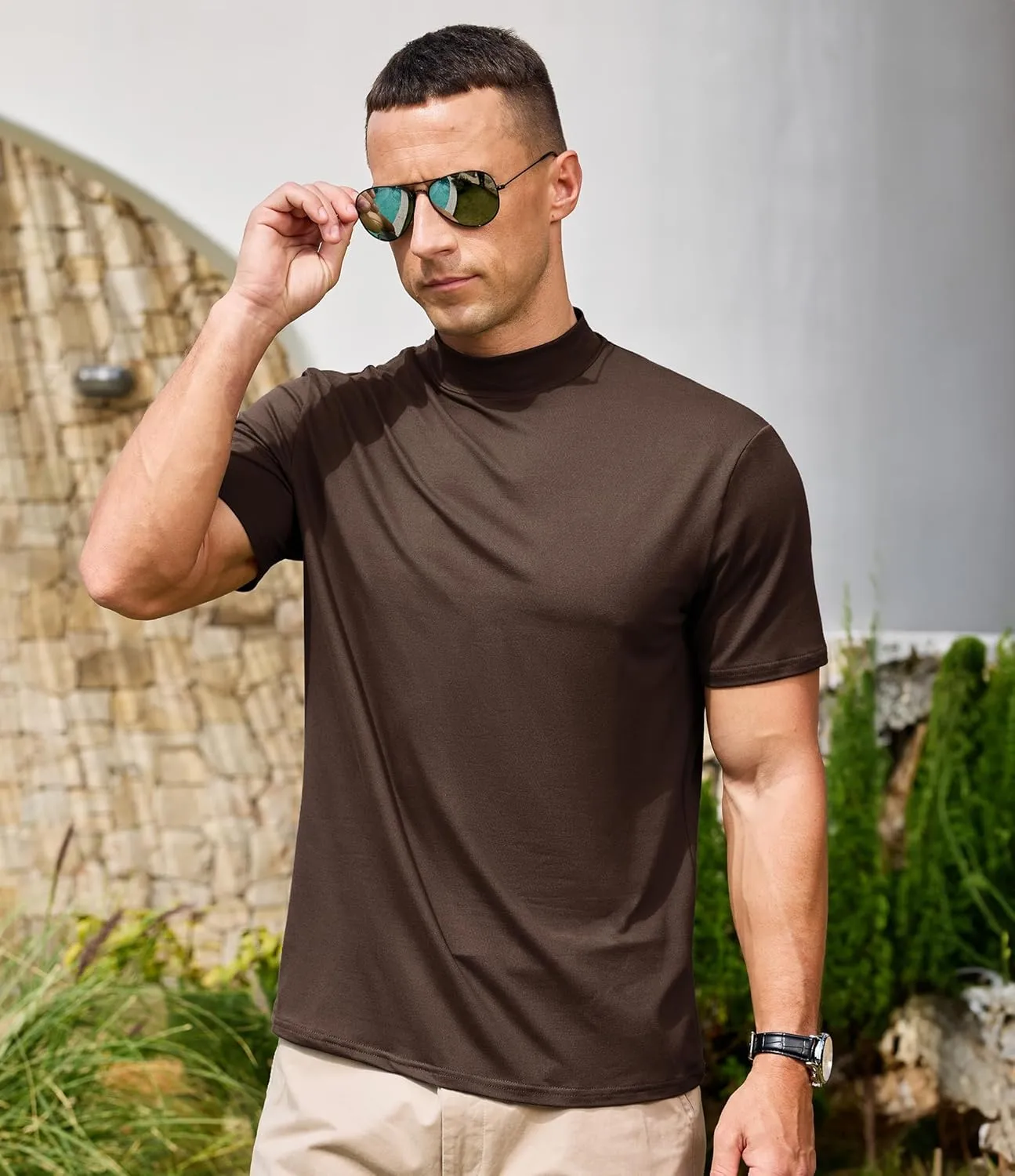 Men's Mock Turtleneck Short Sleeve Soft Lightweight Casual Basic T-Shirts Solid Pullover Tops