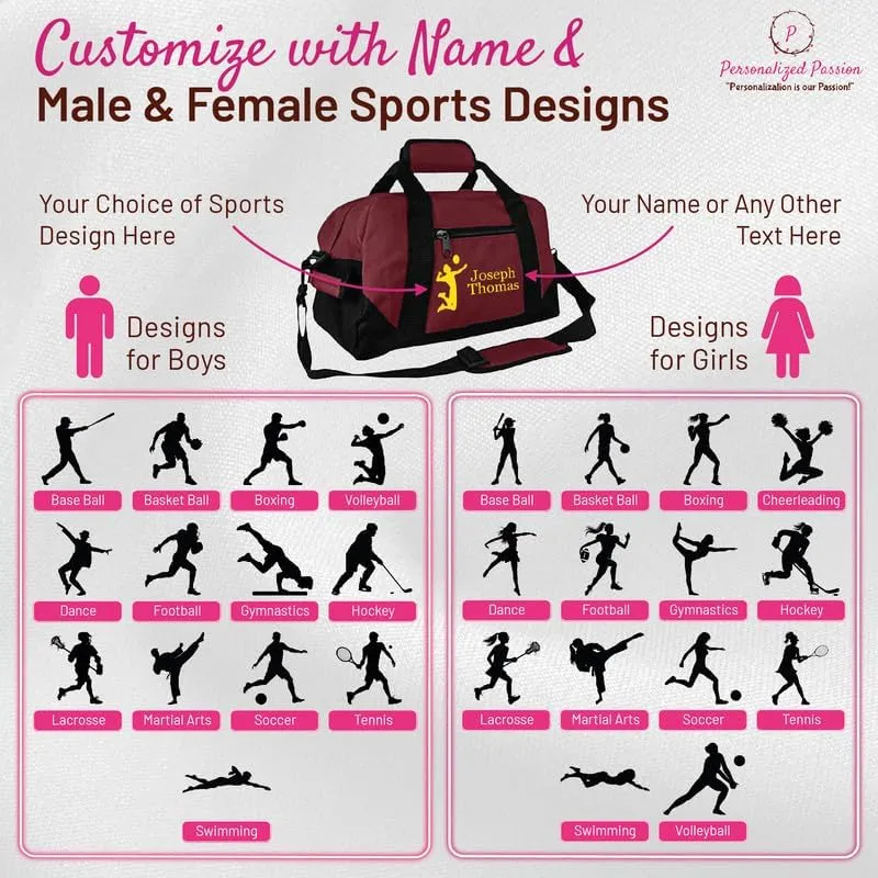 Personalized Passion Small Sports Duffel Bags for Kids - 14 Waterproof Travel Duffle with Embroidered Name & Baseball Design - Gold Two-Toned Kids Weekender Bag for Boys and Girls