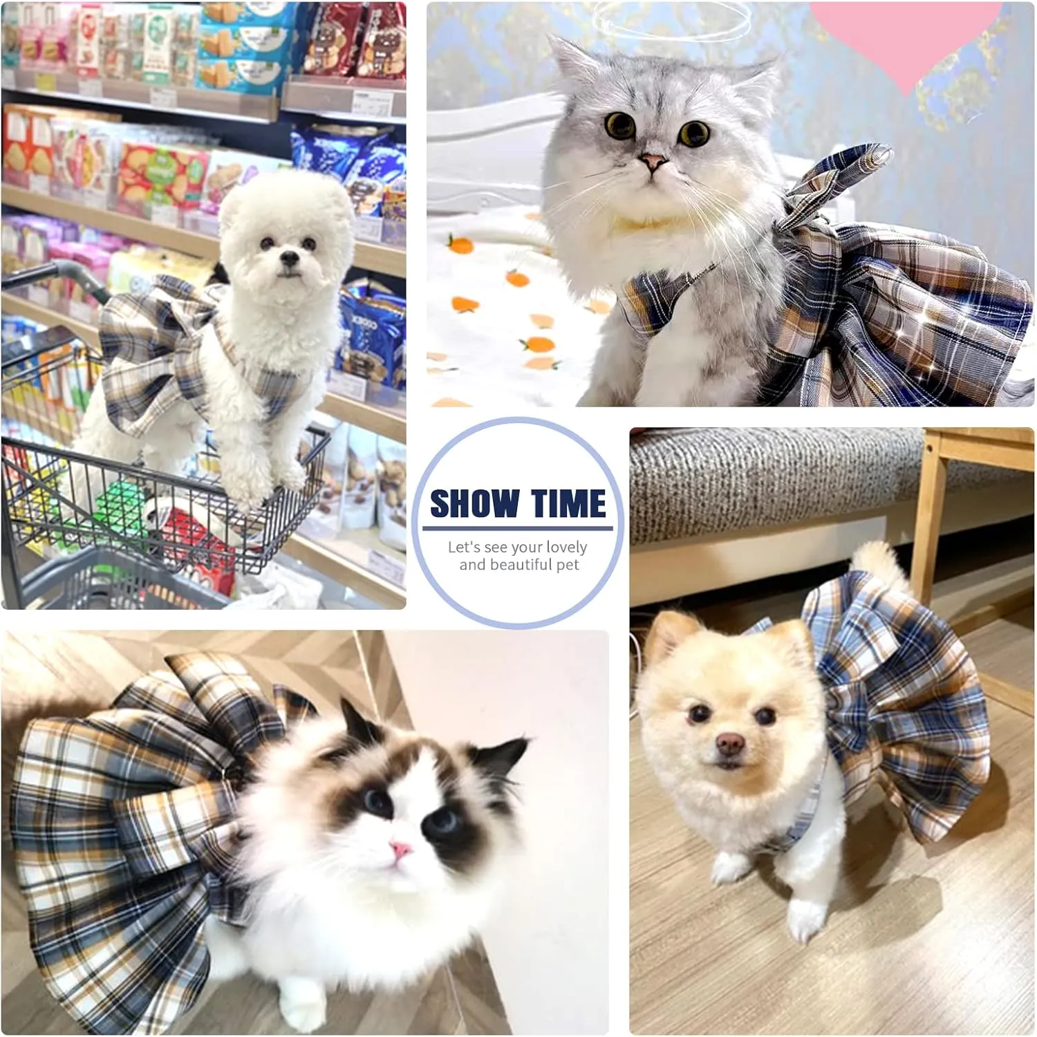 PETCARE Plaid Dog Dress Bow Tie Harness Leash Set for Small Dogs Cats Girl Cute Princess Dog Dresses Spring Summer Puppy Bunny Rabbit Clothes Chihuahua Yorkies Pet Outfits