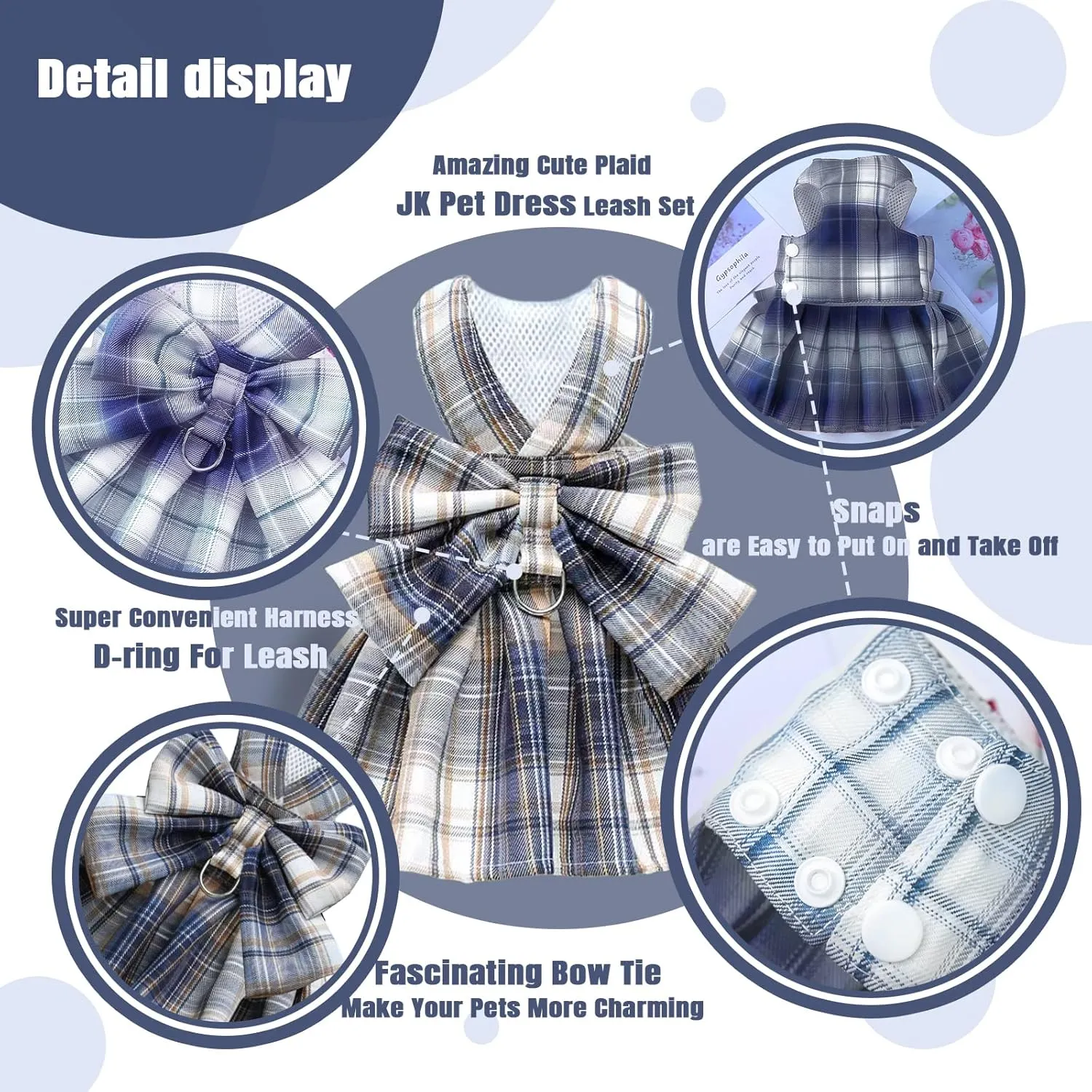 PETCARE Plaid Dog Dress Bow Tie Harness Leash Set for Small Dogs Cats Girl Cute Princess Dog Dresses Spring Summer Puppy Bunny Rabbit Clothes Chihuahua Yorkies Pet Outfits