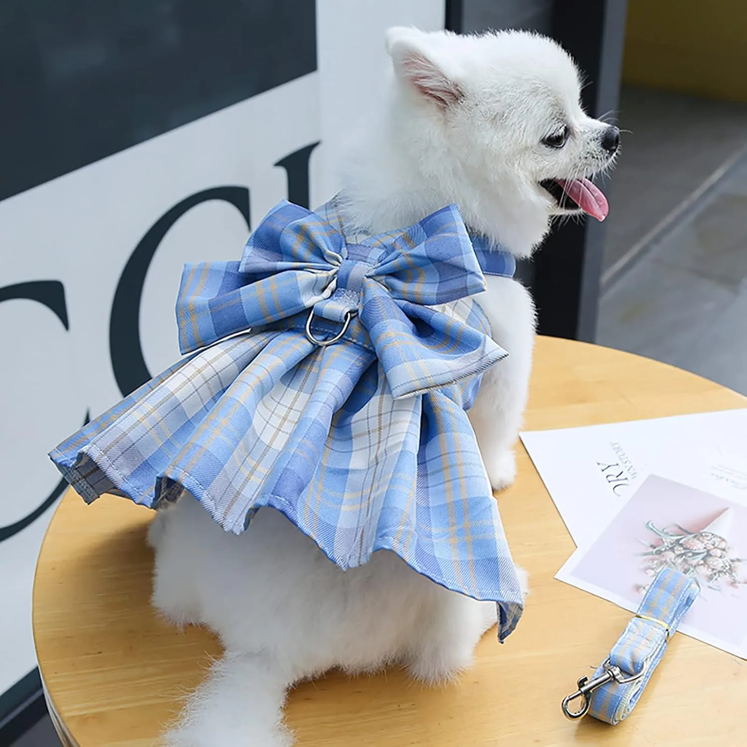 PETCARE Plaid Dog Dress Bow Tie Harness Leash Set for Small Dogs Cats Girl Cute Princess Dog Dresses Spring Summer Puppy Bunny Rabbit Clothes Chihuahua Yorkies Pet Outfits