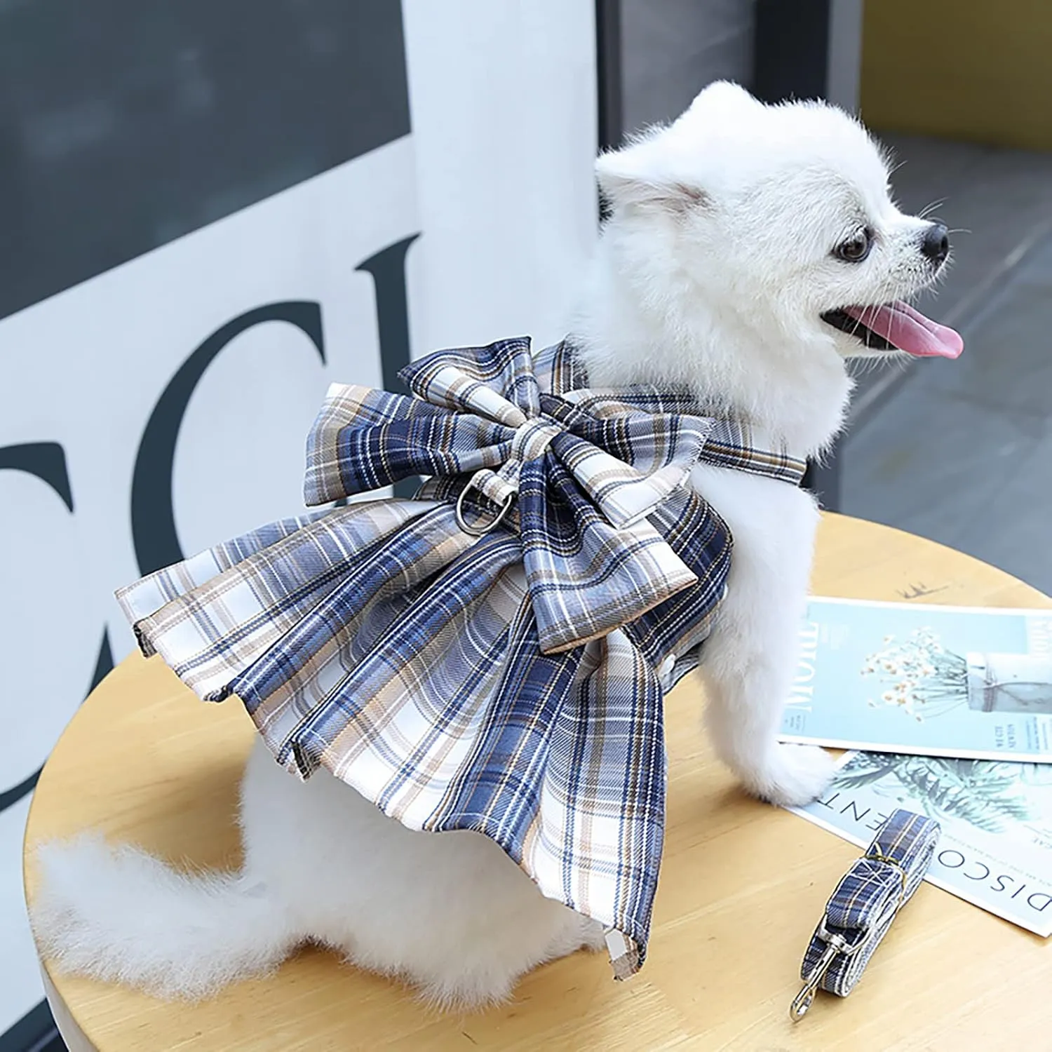 PETCARE Plaid Dog Dress Bow Tie Harness Leash Set for Small Dogs Cats Girl Cute Princess Dog Dresses Spring Summer Puppy Bunny Rabbit Clothes Chihuahua Yorkies Pet Outfits