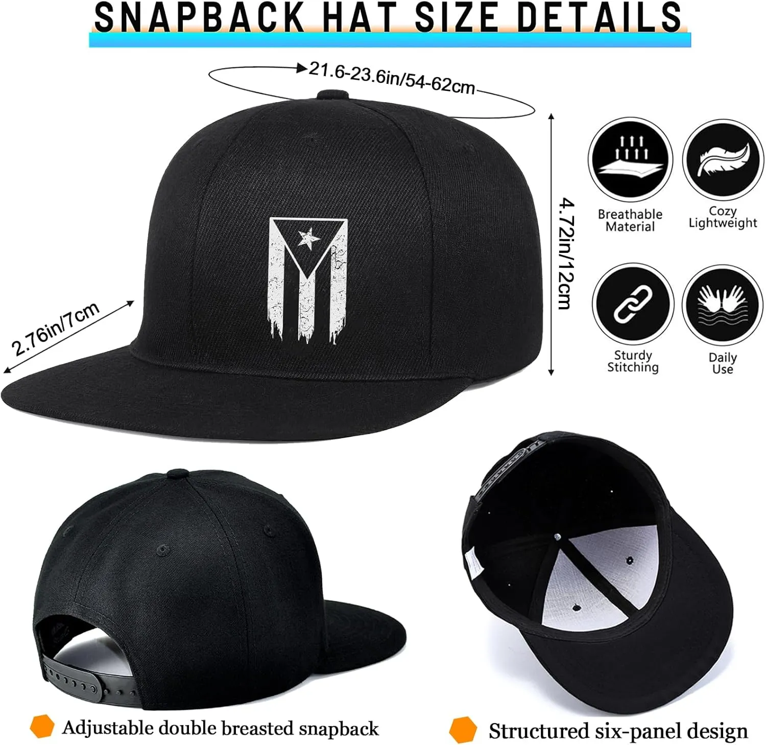 Skull Flat Bill Hats for Men Snapback Hats Adjustable Fitted Flat Brim Black Baseball caps for Men Cool Hip Hop Cap