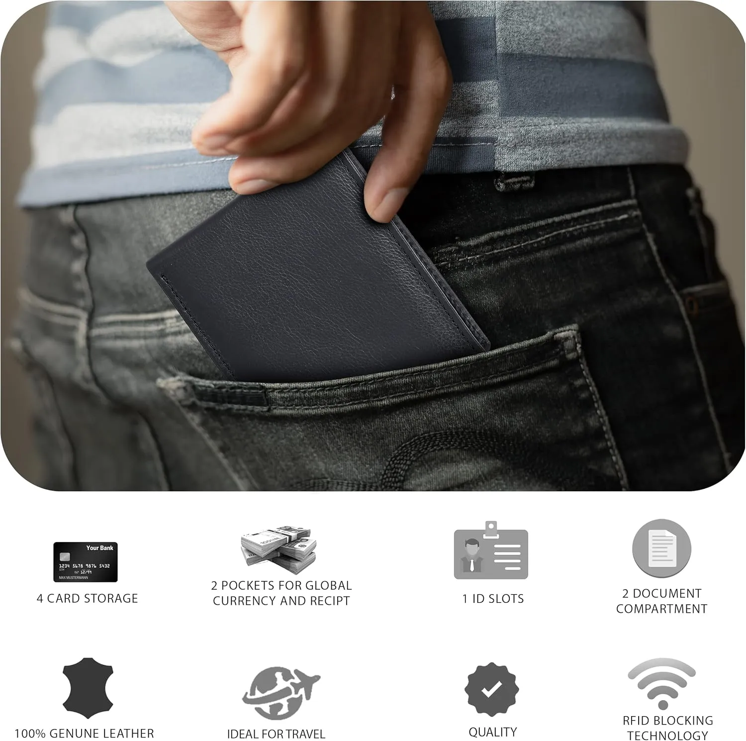 Slim Leather Wallet for Men - RFID Blocking Slim Minimalist Front Pocket - Thin & Stylish with ID Window, Gift For Men