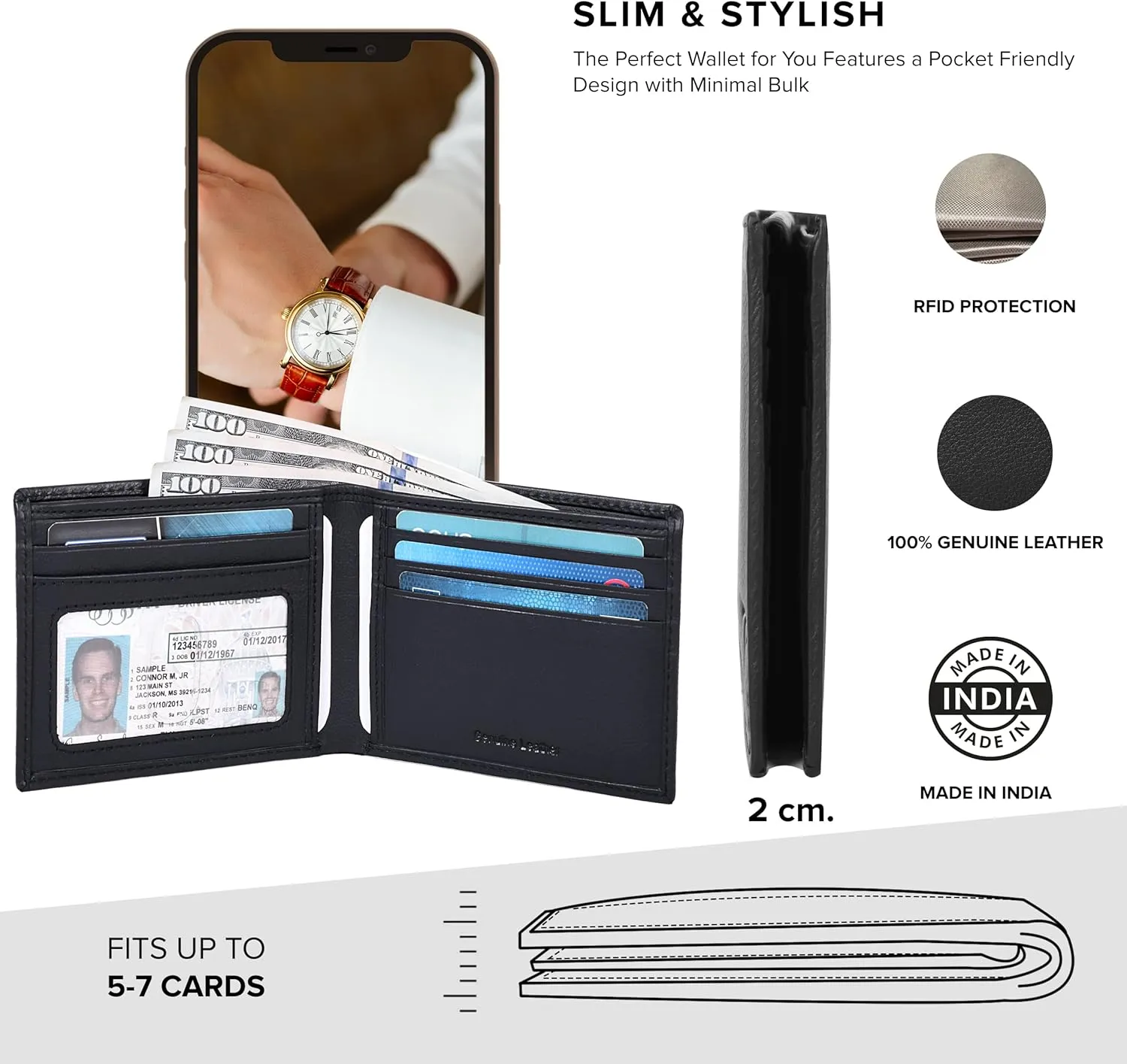 Slim Leather Wallet for Men - RFID Blocking Slim Minimalist Front Pocket - Thin & Stylish with ID Window, Gift For Men