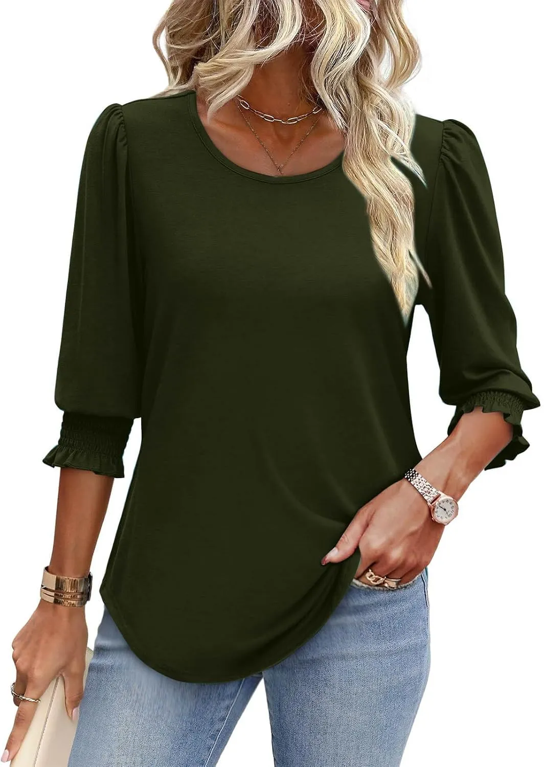 Spring Tops for Women 2025 Summer Fashion Tops 3/4 Sleeve T-Shirts Cute Crewneck Basic Business Tees Blouses Vacation